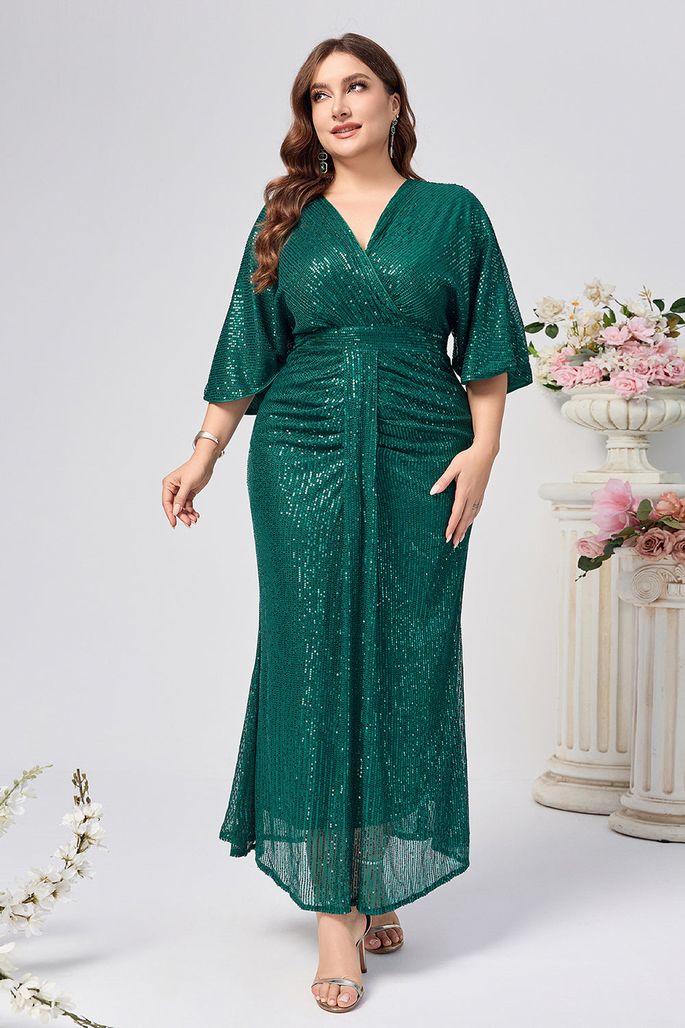 Sparkly Dark Green Mermaid Long Mother of the Bride Dress with Sleeves