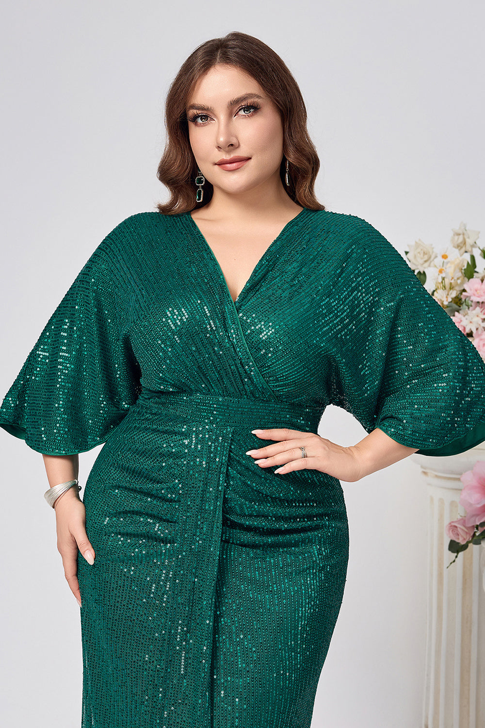 Sparkly Dark Green Mermaid Long Mother of the Bride Dress with Sleeves
