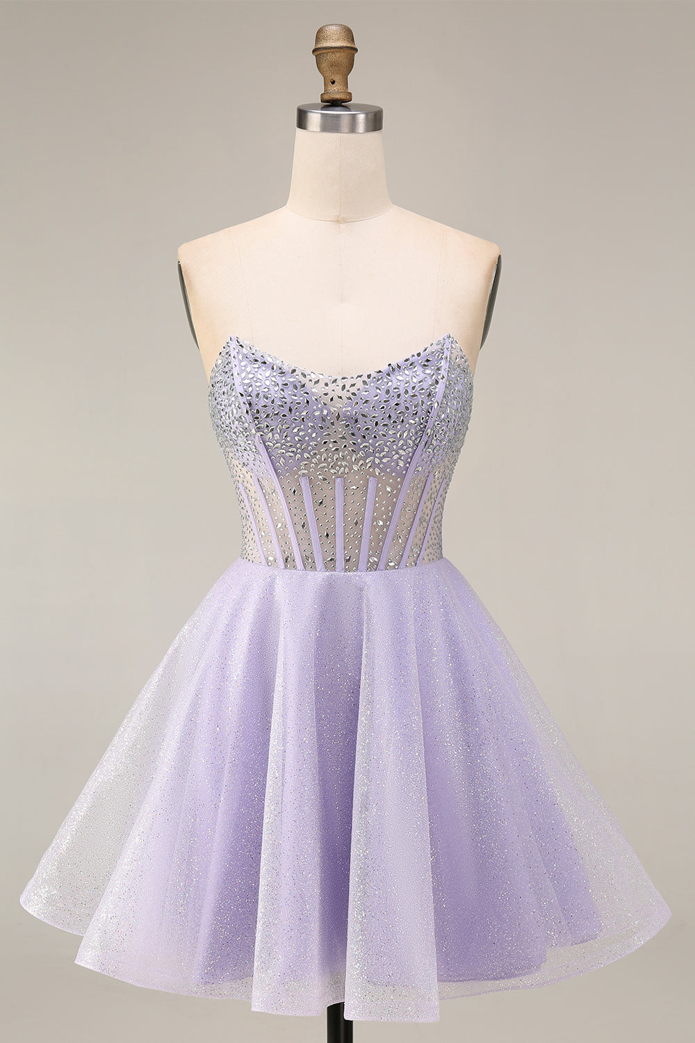 Strapless A Line Lilac Sequins Corset Short Cocktail Dress with Beading