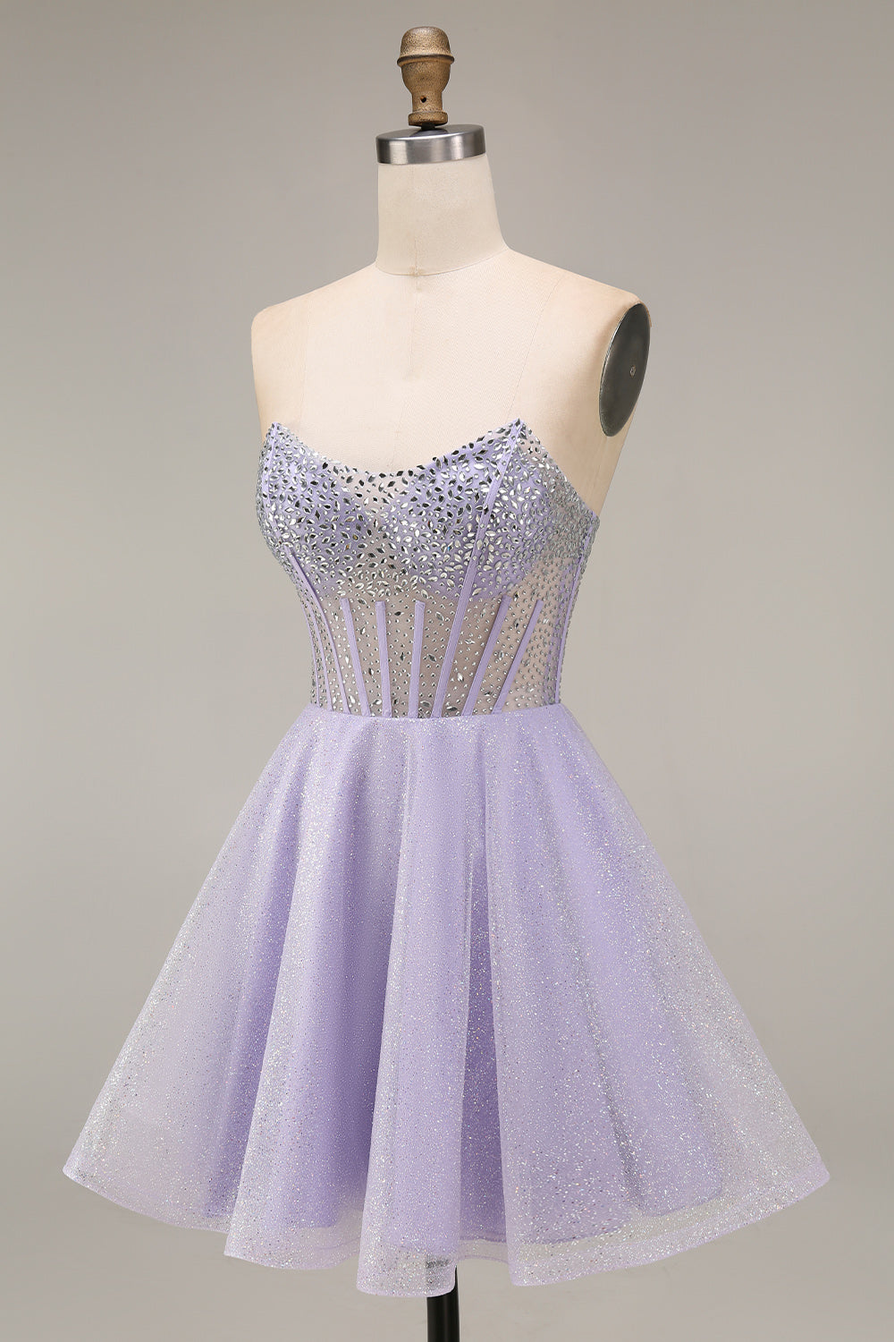 Strapless A Line Lilac Sequins Corset Short Cocktail Dress with Beading