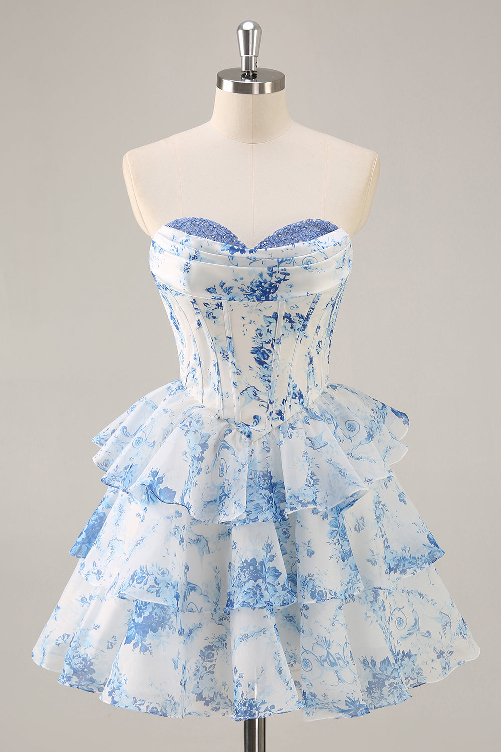 A-Line Cowl Neck Tiered Strapless Floral Print Corset Homecoming Dress