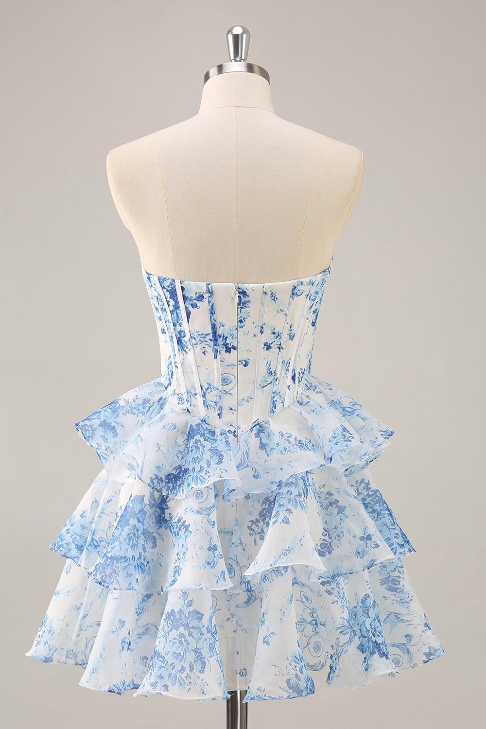 A-Line Cowl Neck Tiered Strapless Floral Print Corset Homecoming Dress