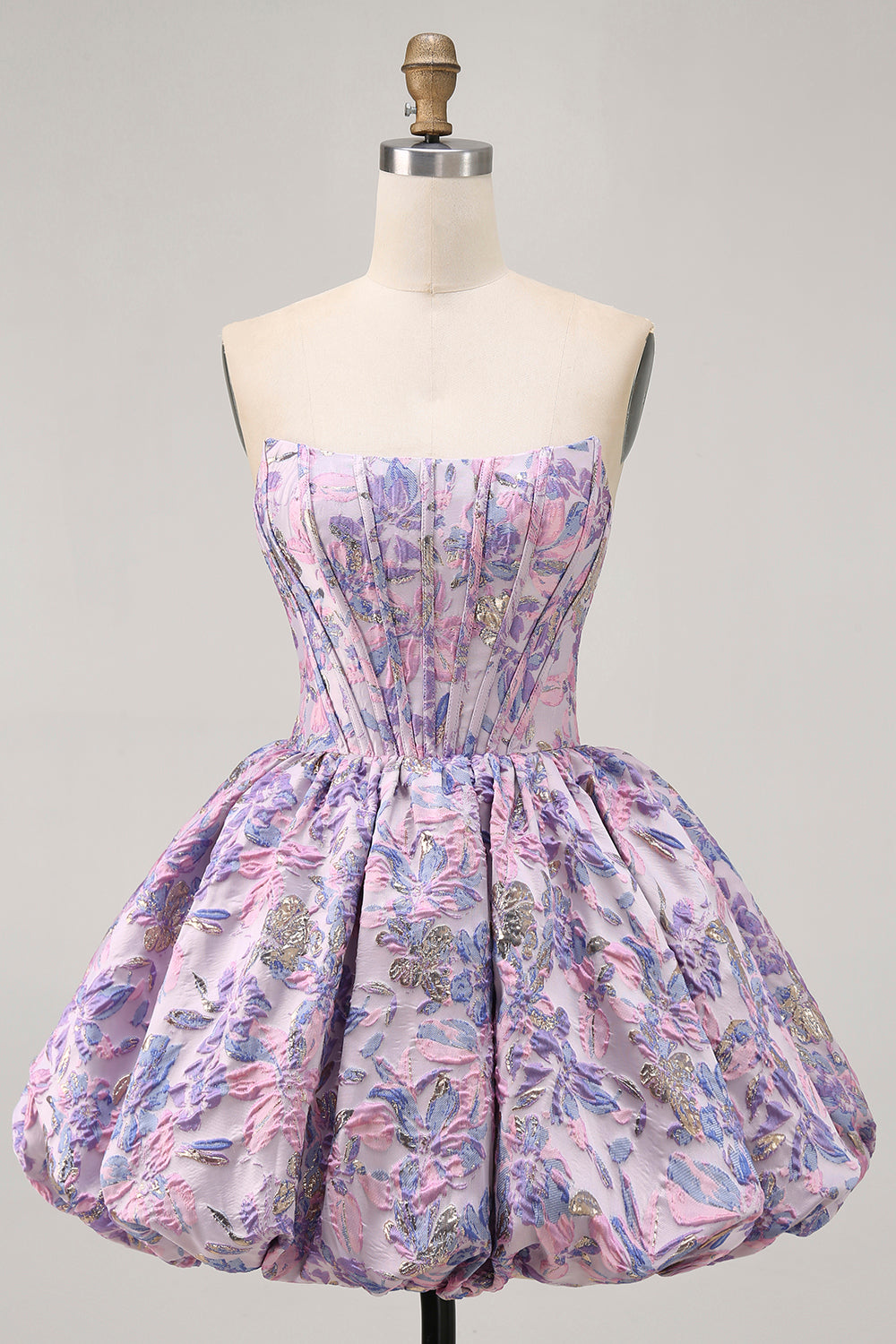 Robe de soirée bustier courte évasée en brocart violet avec ourlet bulle