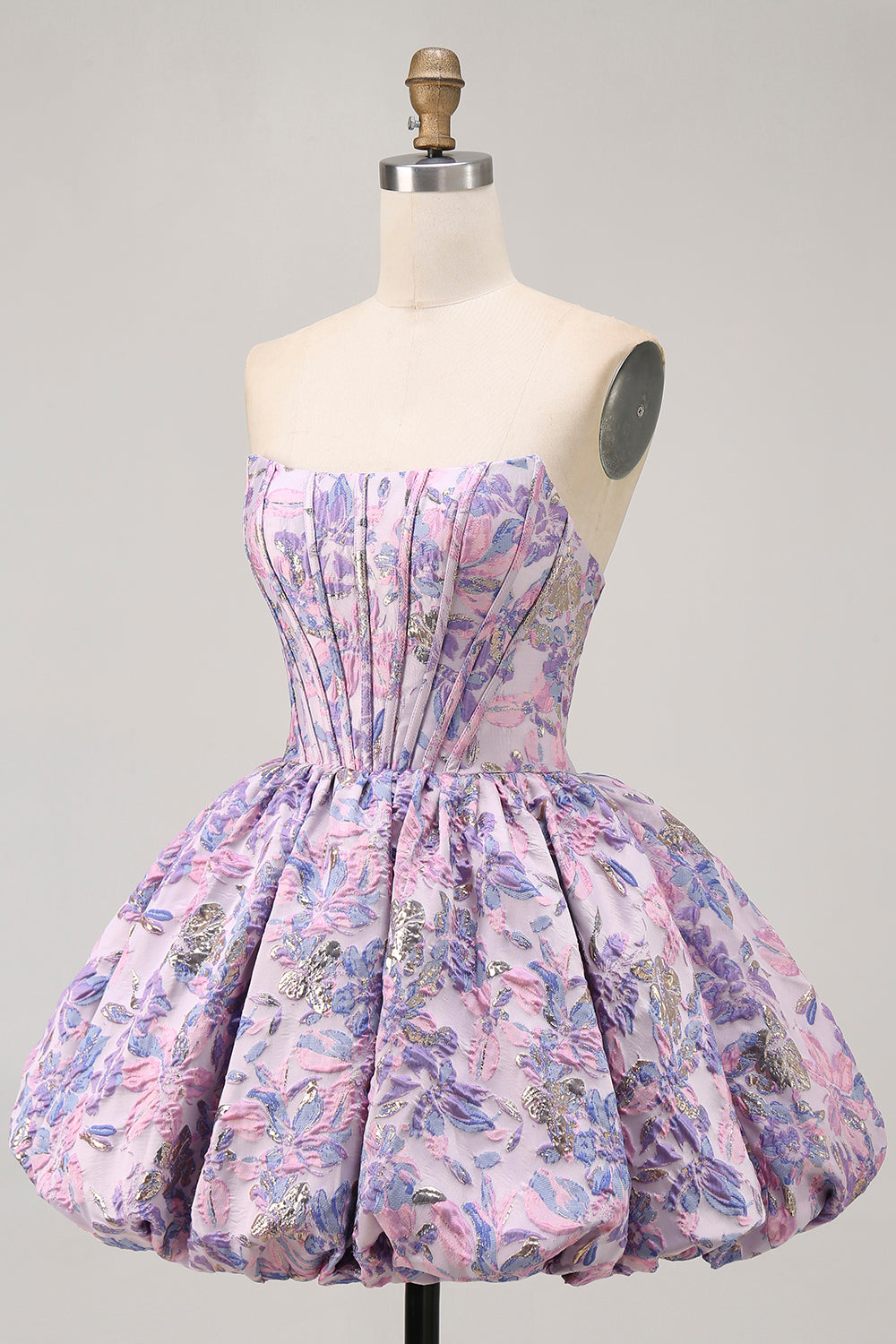 Robe de soirée bustier courte évasée en brocart violet avec ourlet bulle