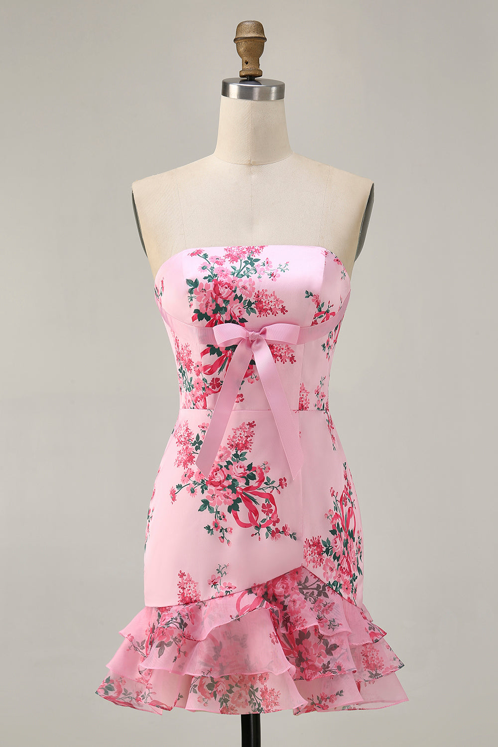 Robe de soirée courte moulante bandeau imprimé floral rose à volants