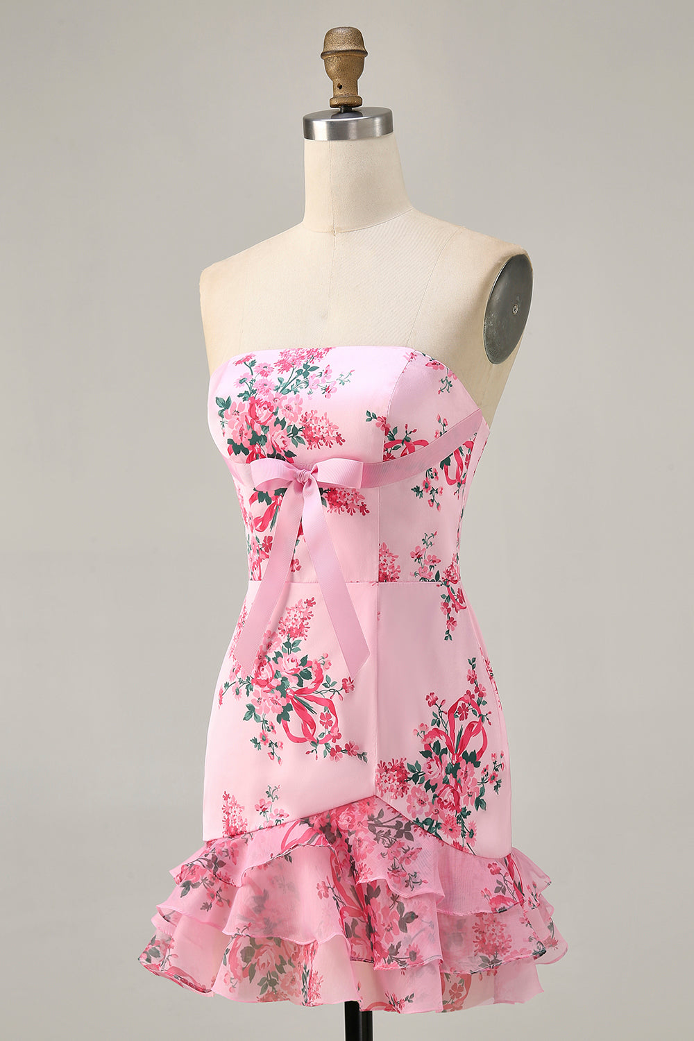 White Blue Flower Bodycon Strapless Printed Short Party Dress