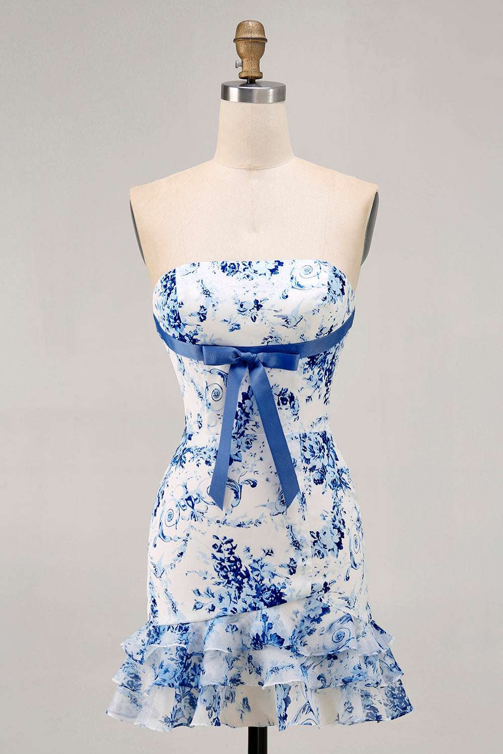 White Blue Flower Bodycon Strapless Printed Short Party Dress
