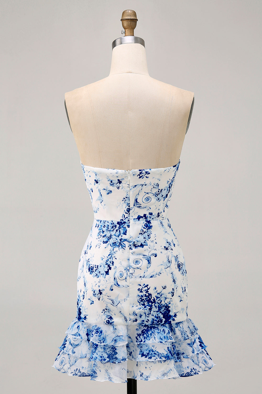 White Blue Flower Bodycon Strapless Printed Short Party Dress