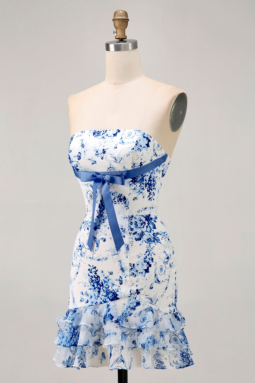 Robe de soirée courte moulante bandeau imprimé floral rose à volants