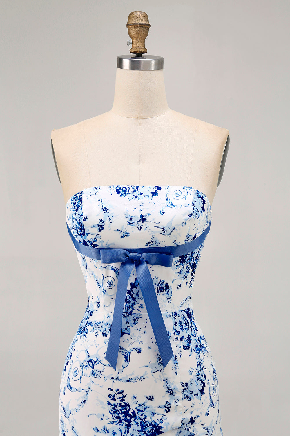 White Blue Flower Bodycon Strapless Printed Short Party Dress