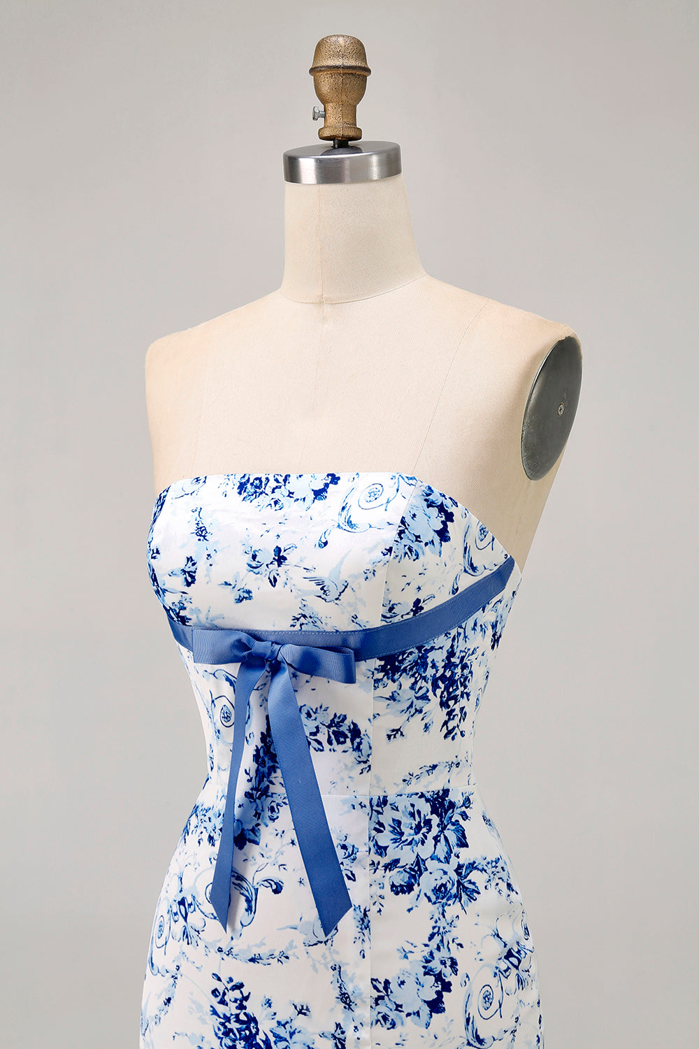 White Blue Flower Bodycon Strapless Printed Short Party Dress