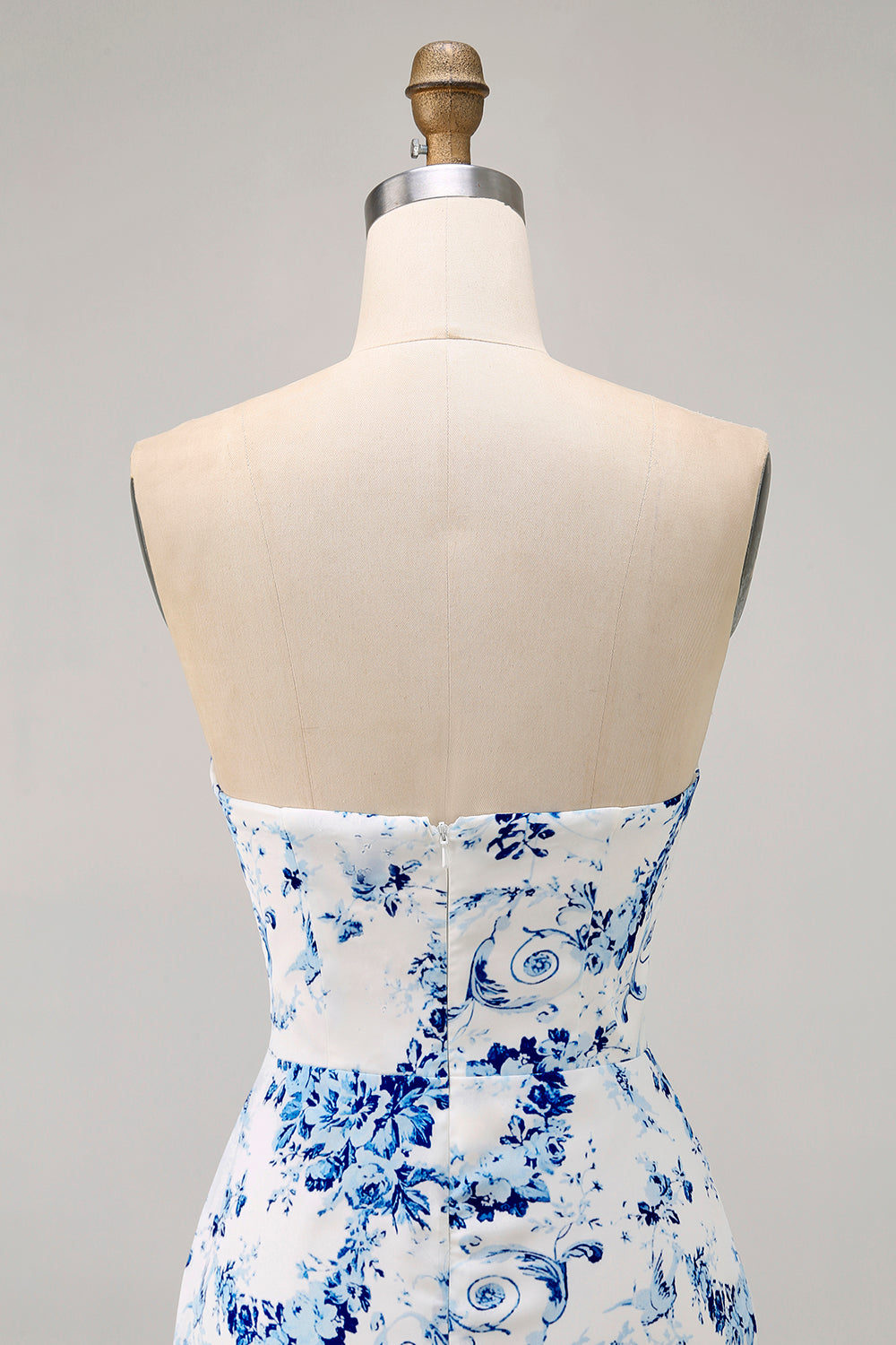 White Blue Flower Bodycon Strapless Printed Short Party Dress