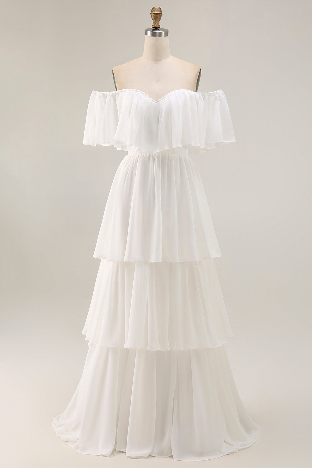 Robe de mariée trapèze en mousseline blanche avec volants et épaules dénudées