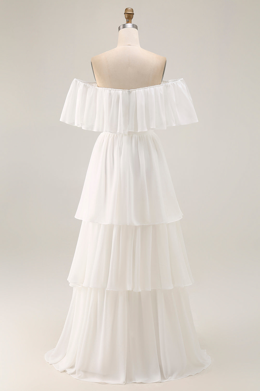 Robe de mariée trapèze en mousseline blanche avec volants et épaules dénudées