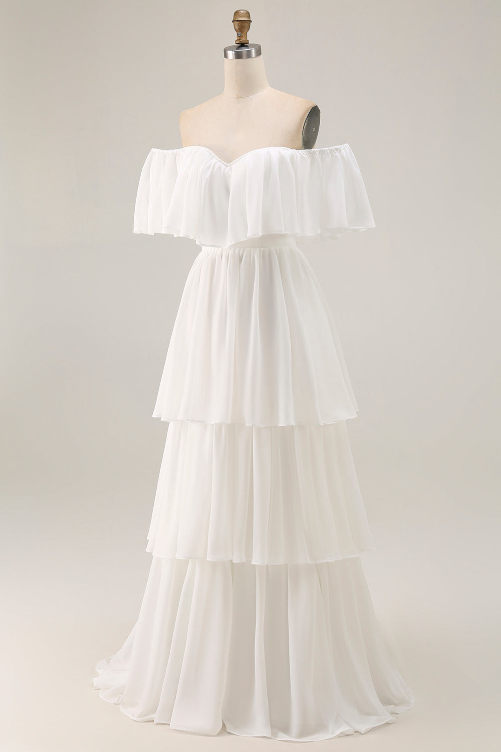 Robe de mariée trapèze en mousseline blanche avec volants et épaules dénudées