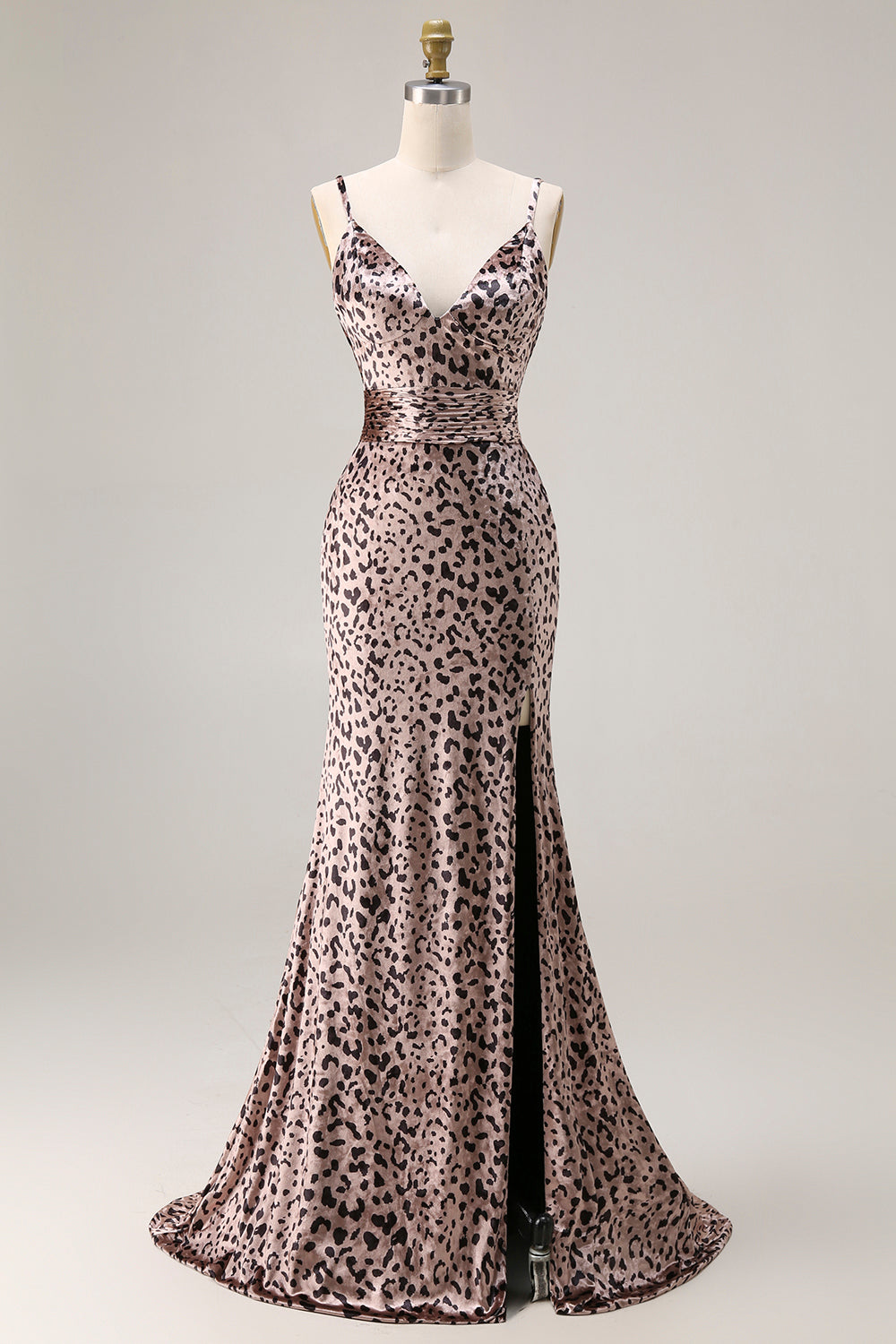 Robe de bal longue sirène à fines bretelles Golden Leopard avec fente