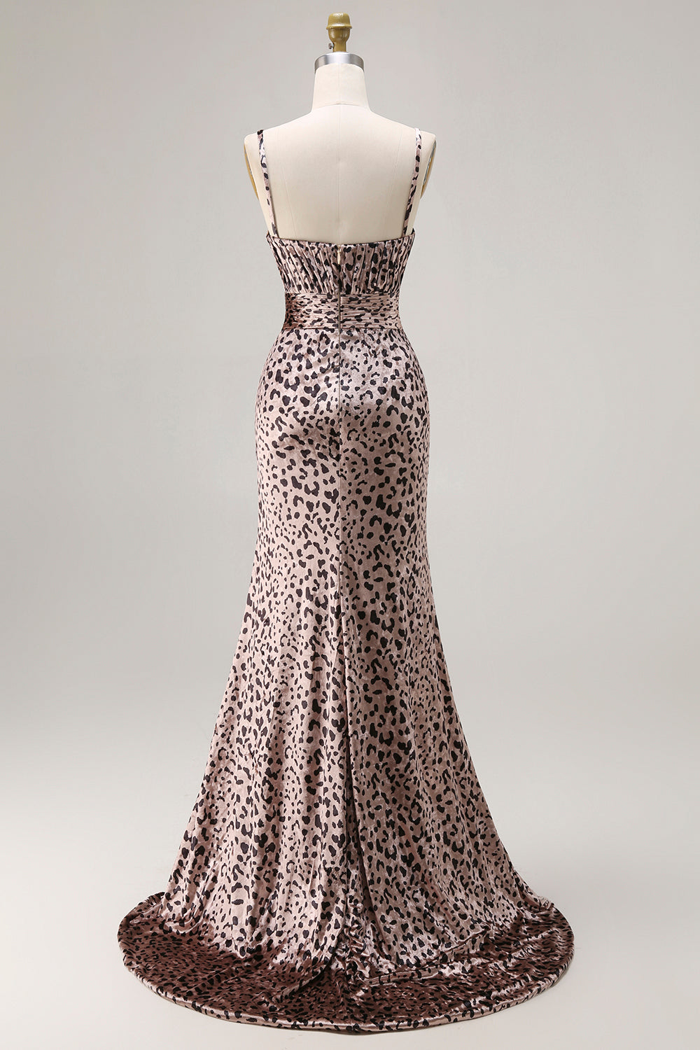 Robe de bal longue sirène à fines bretelles Golden Leopard avec fente
