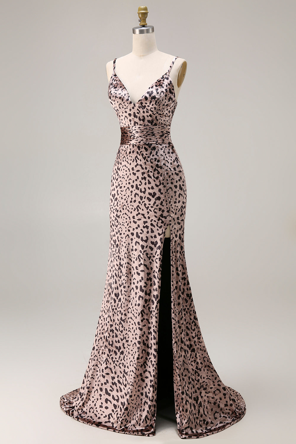 Robe de bal longue sirène à fines bretelles Golden Leopard avec fente