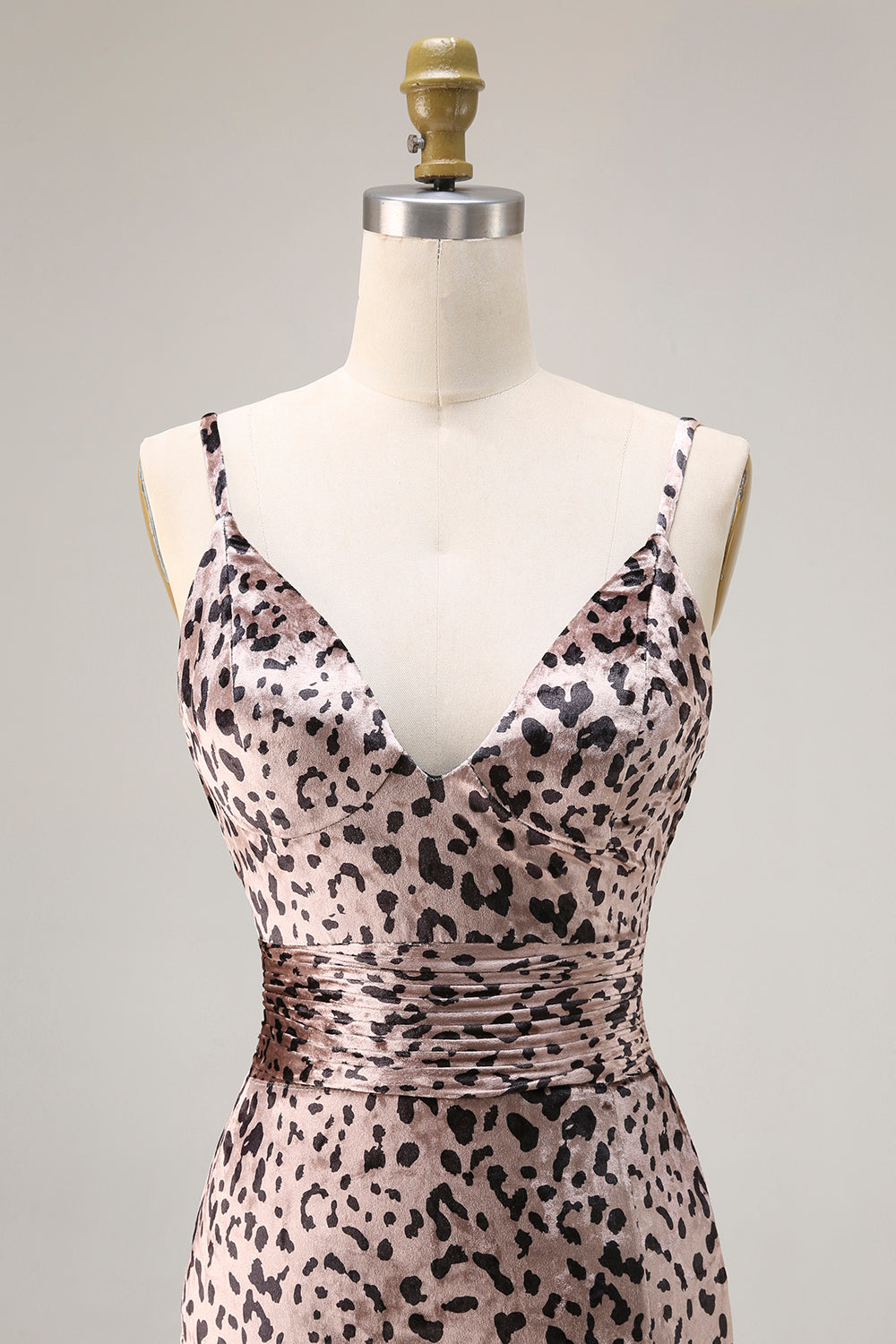 Robe de bal longue sirène à fines bretelles Golden Leopard avec fente