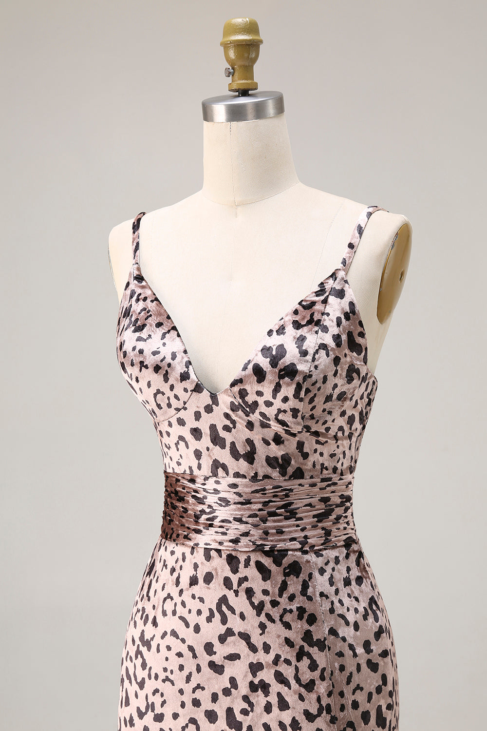 Robe de bal longue sirène à fines bretelles Golden Leopard avec fente