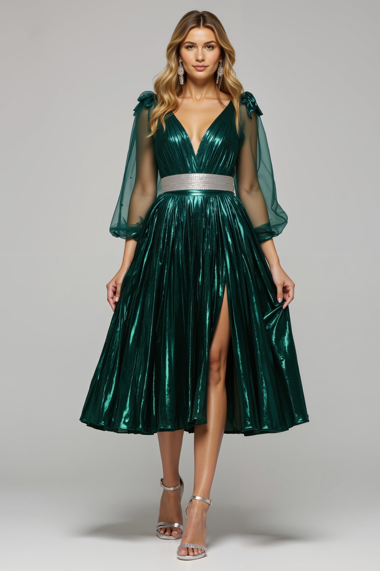 Sparkly Dark Green A-Line Metallic V-Neck Holiday Party Dress with Slit