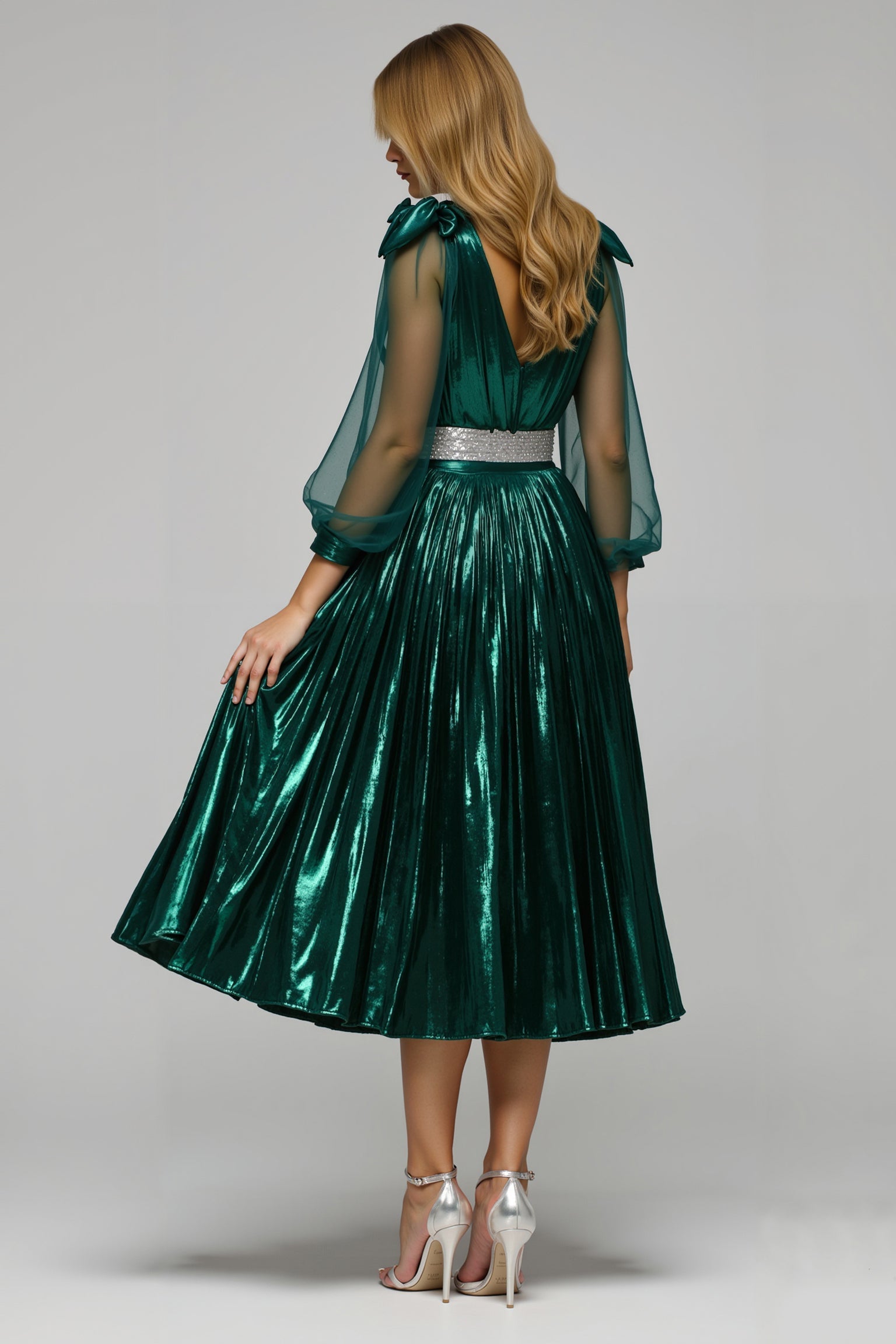 Sparkly Dark Green A-Line Metallic V-Neck Holiday Party Dress with Slit