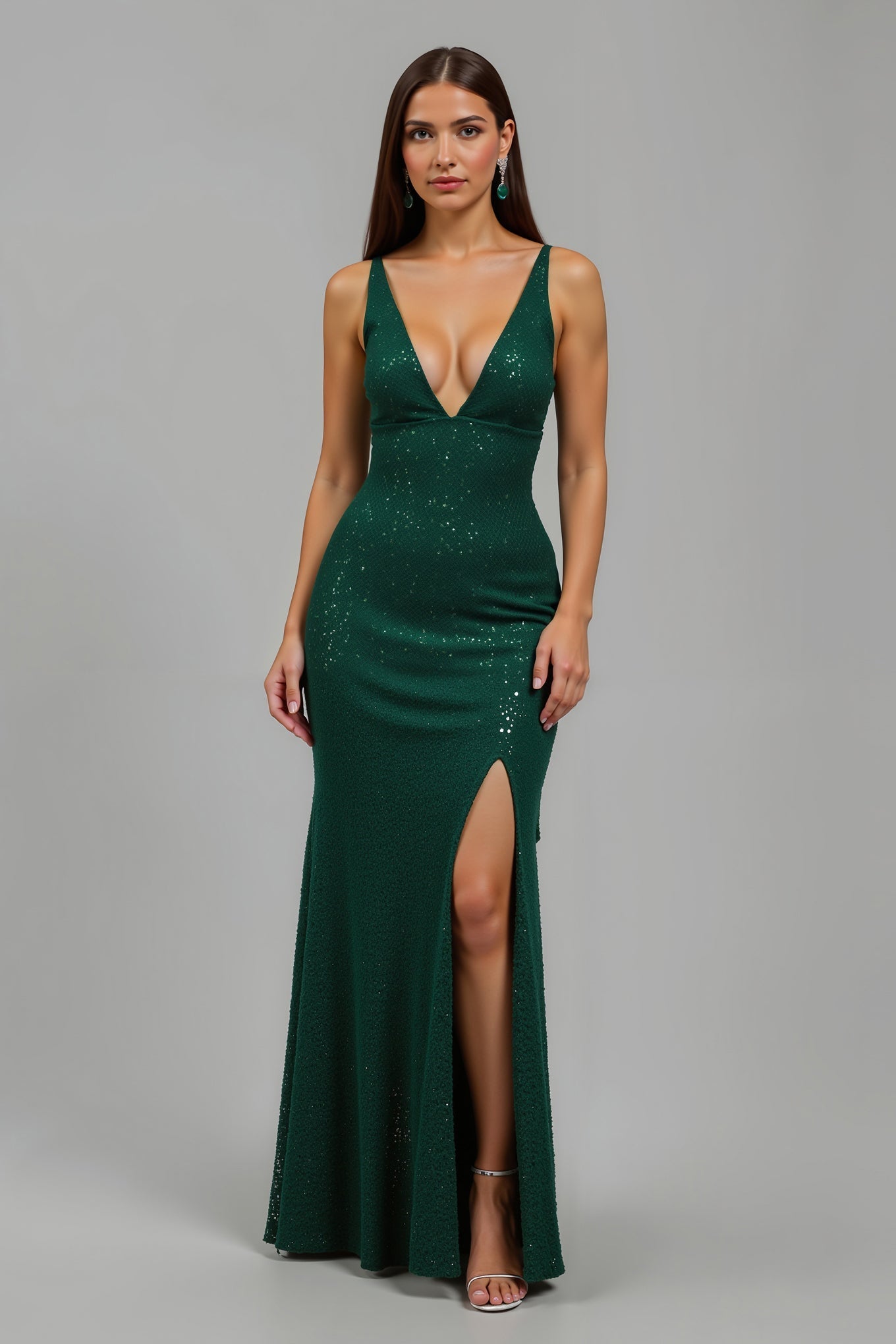 Sparkly Dark Green Mermaid V-Neck Long Holiday Party Dress With Slit