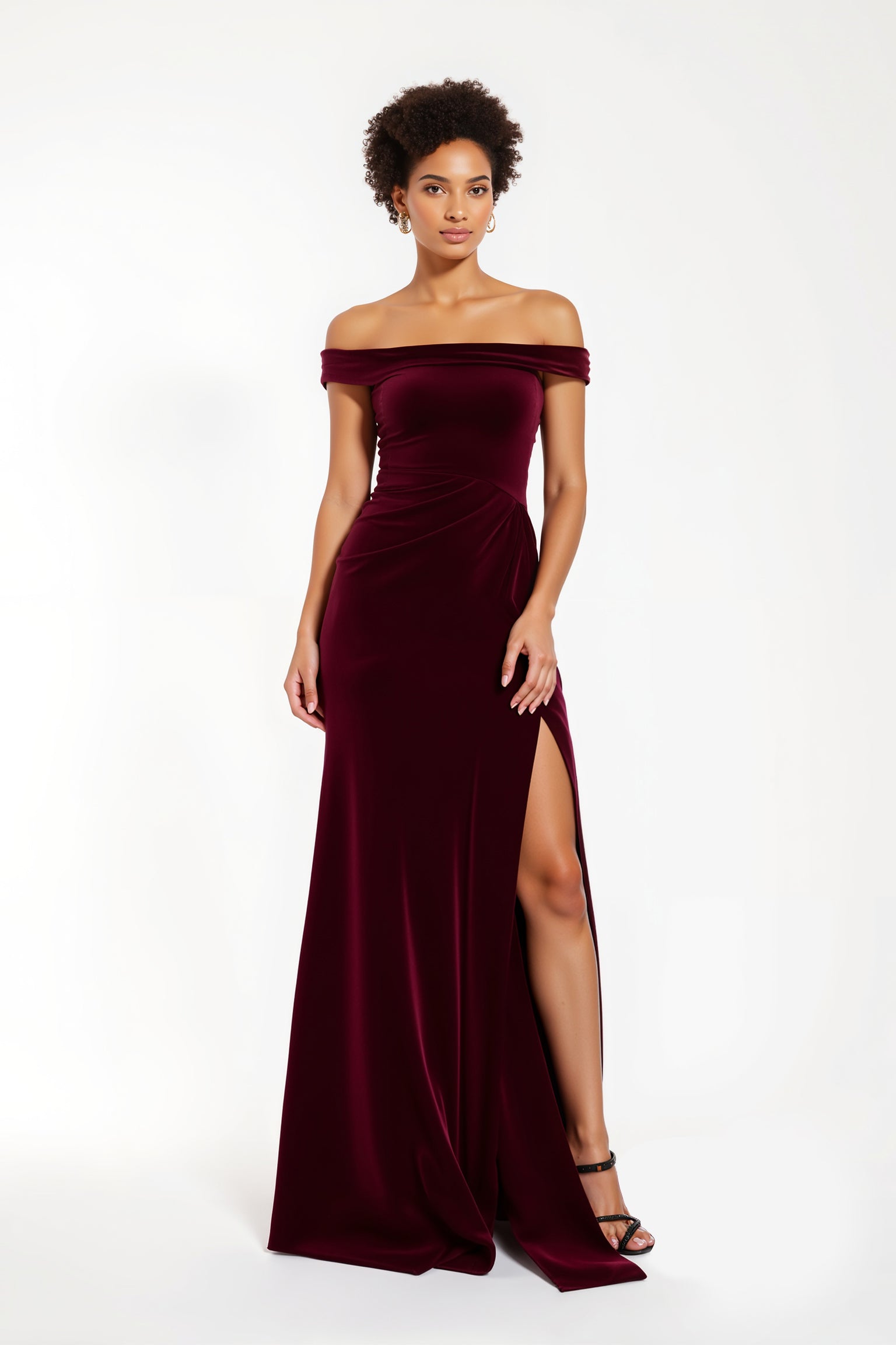 Burgundy Velvet Sheath Off-the-Shoulder Long Holiday Party Dress with Slit