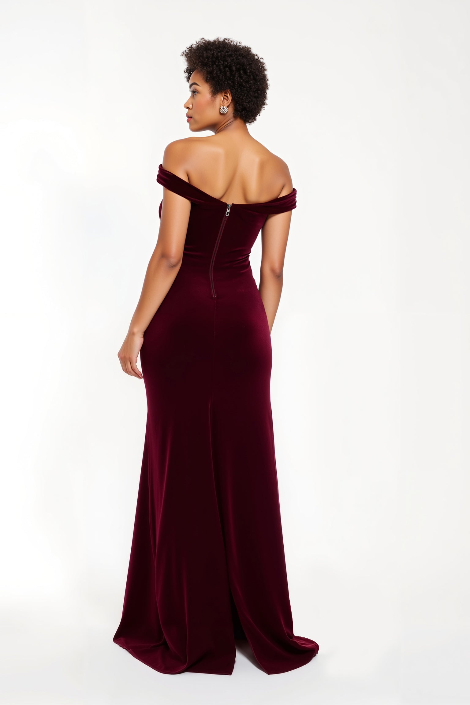 Burgundy Velvet Sheath Off-the-Shoulder Long Holiday Party Dress with Slit