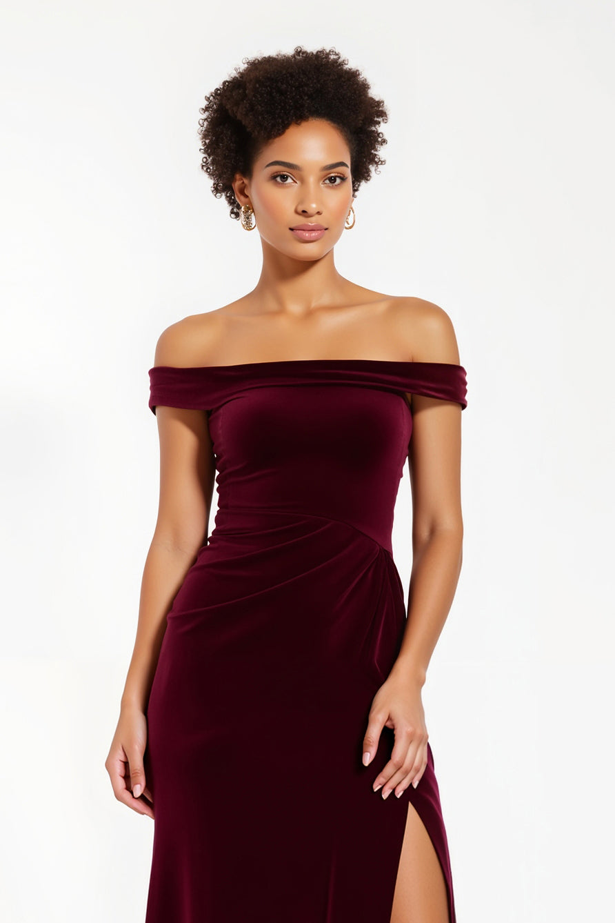 Burgundy Velvet Sheath Off-the-Shoulder Long Holiday Party Dress with Slit