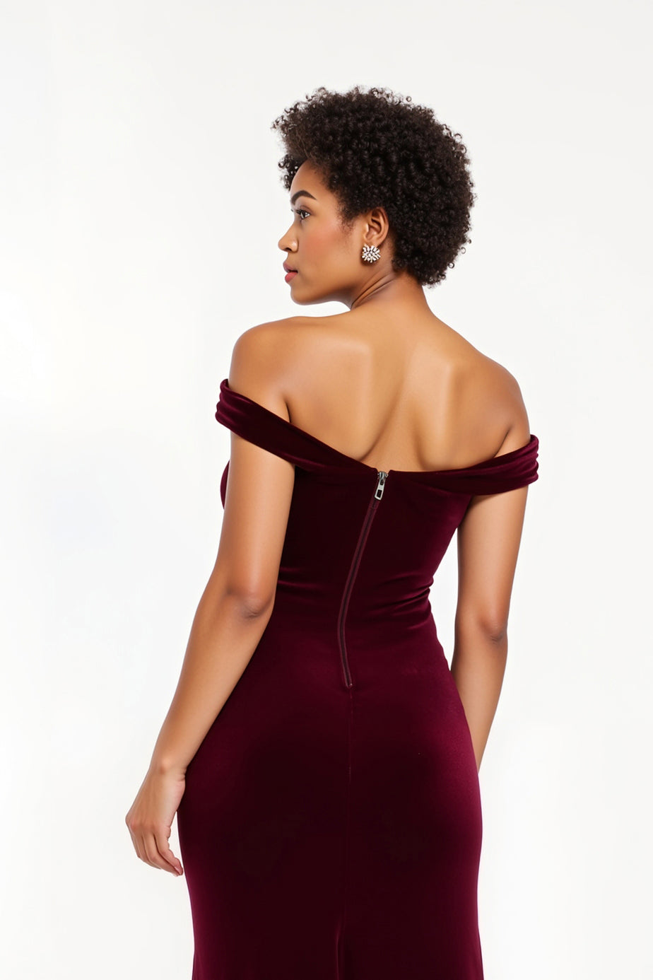 Burgundy Velvet Sheath Off-the-Shoulder Long Holiday Party Dress with Slit