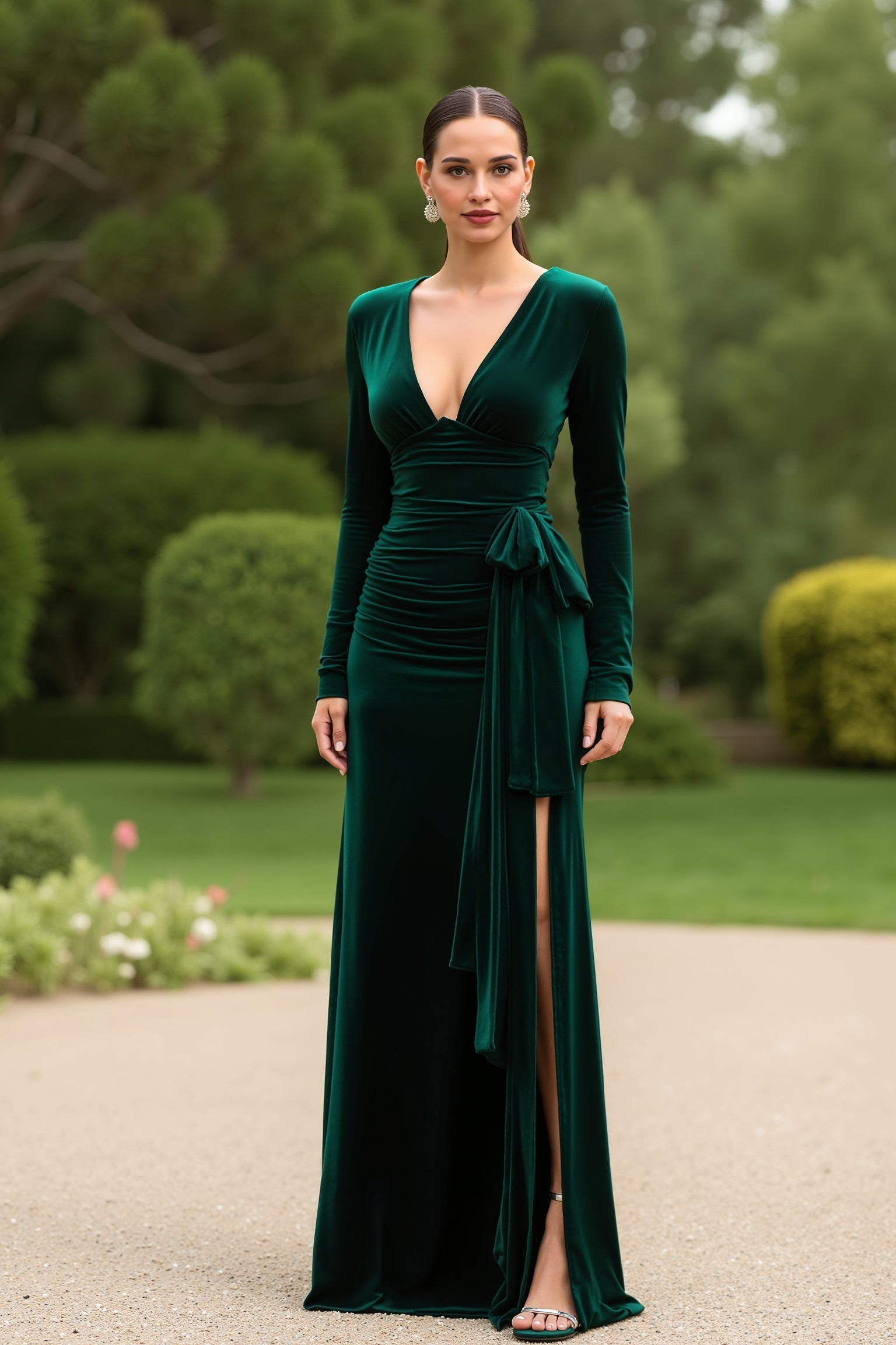 Dark Green V-Neck Sheath Velvet Long Holiday Party Dress With Slit