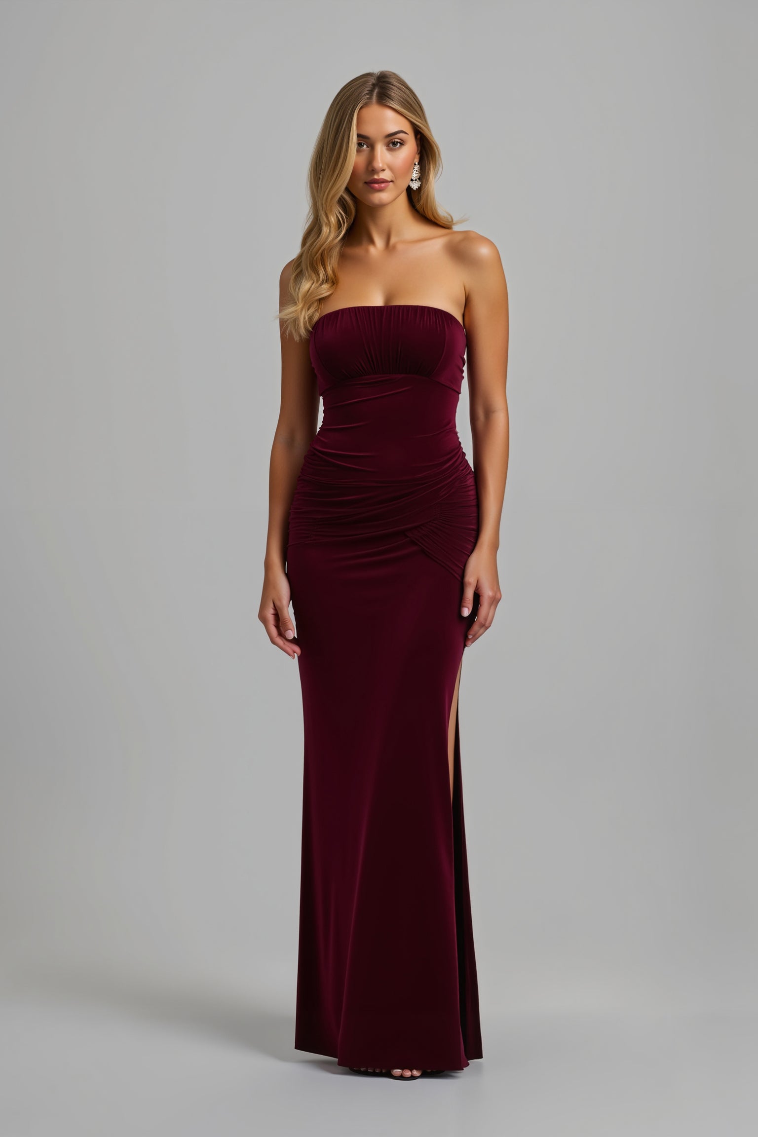 Strapless Burgundy Sheath Long Holiday Dress With Slit