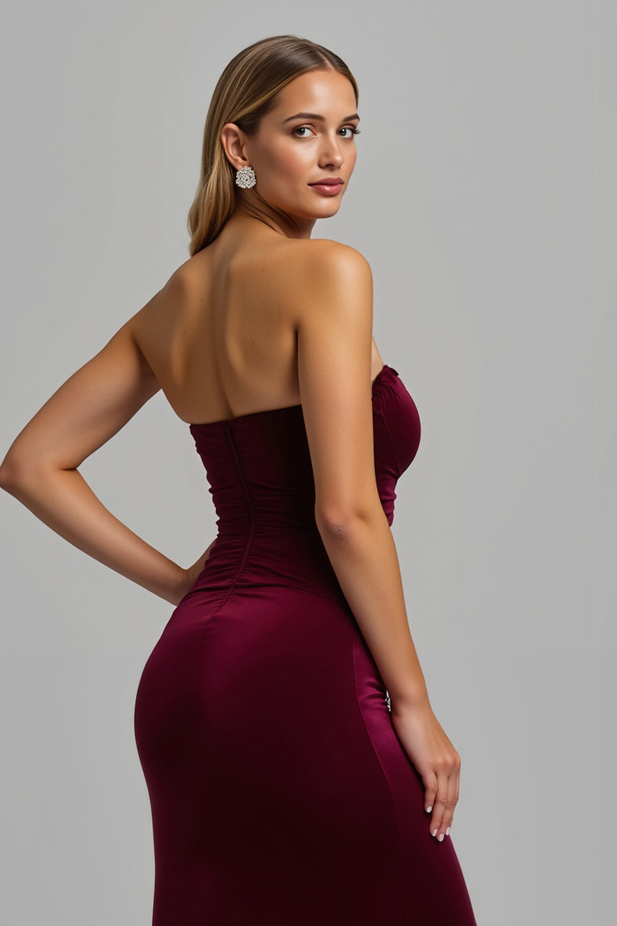 Strapless Burgundy Sheath Long Holiday Dress With Slit