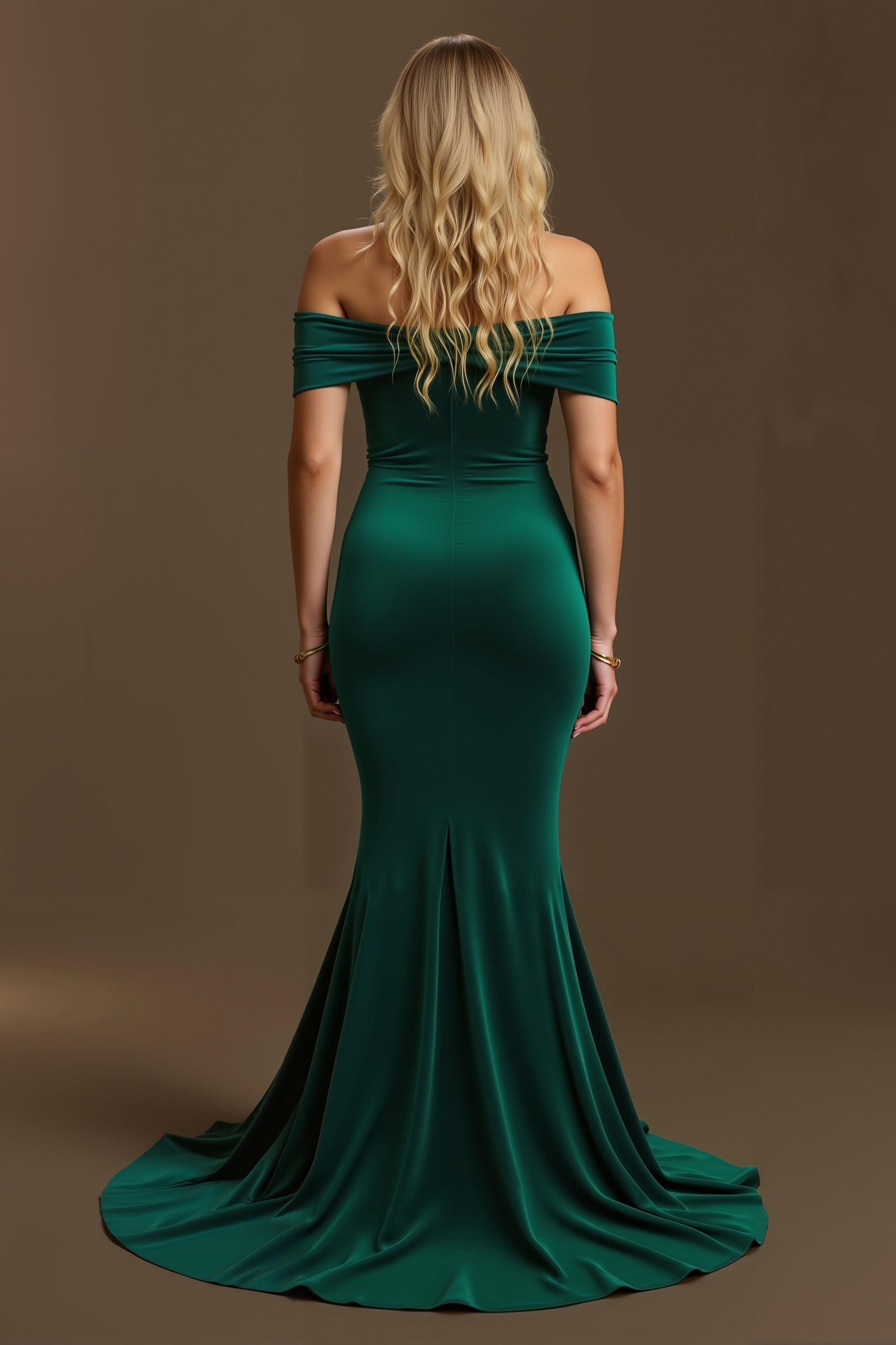 Robe de soirée longue sirène vert foncé à épaules dénudées