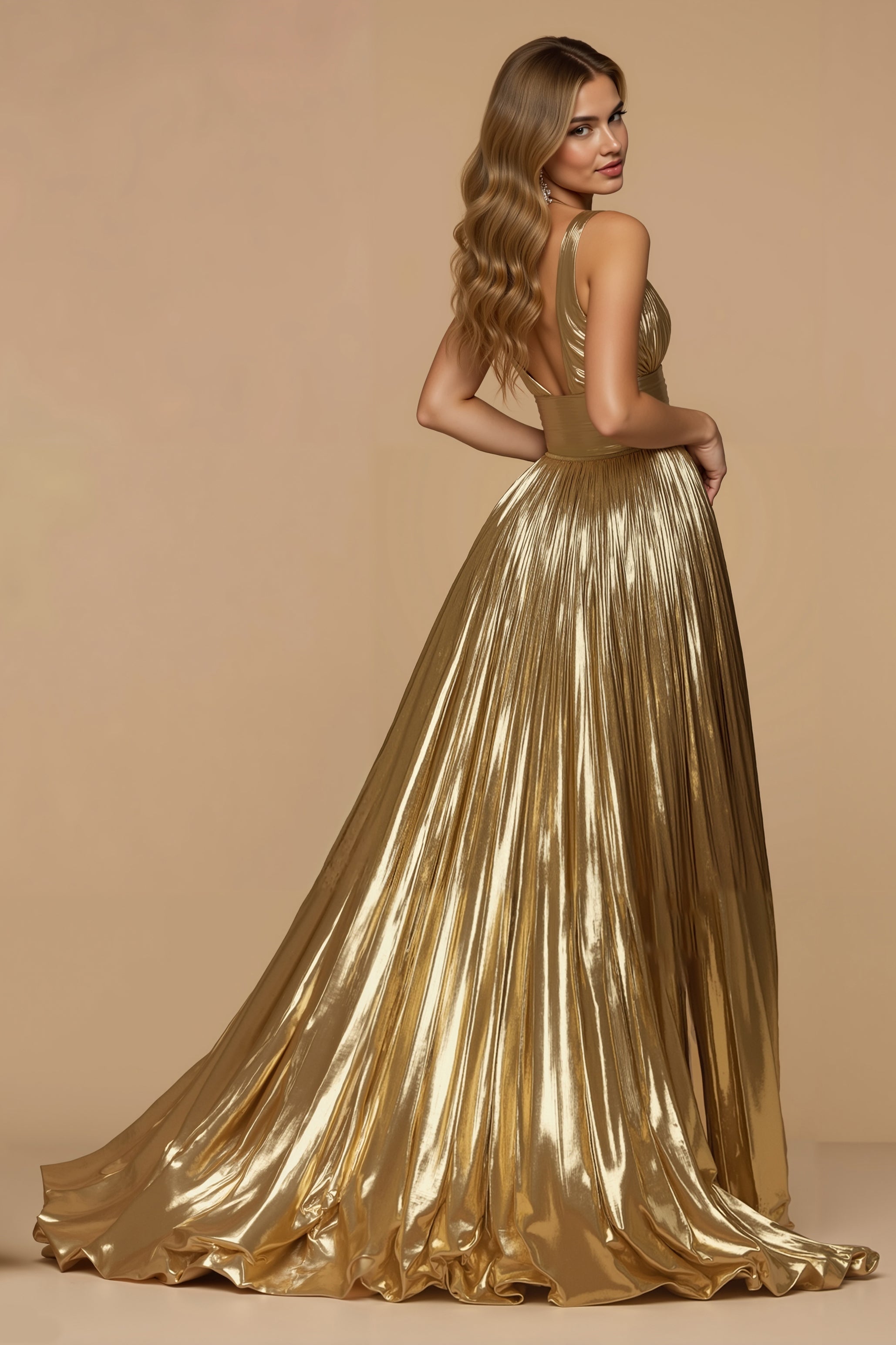 V Neck Golden Metallic Pleated A Line Holiday Dress