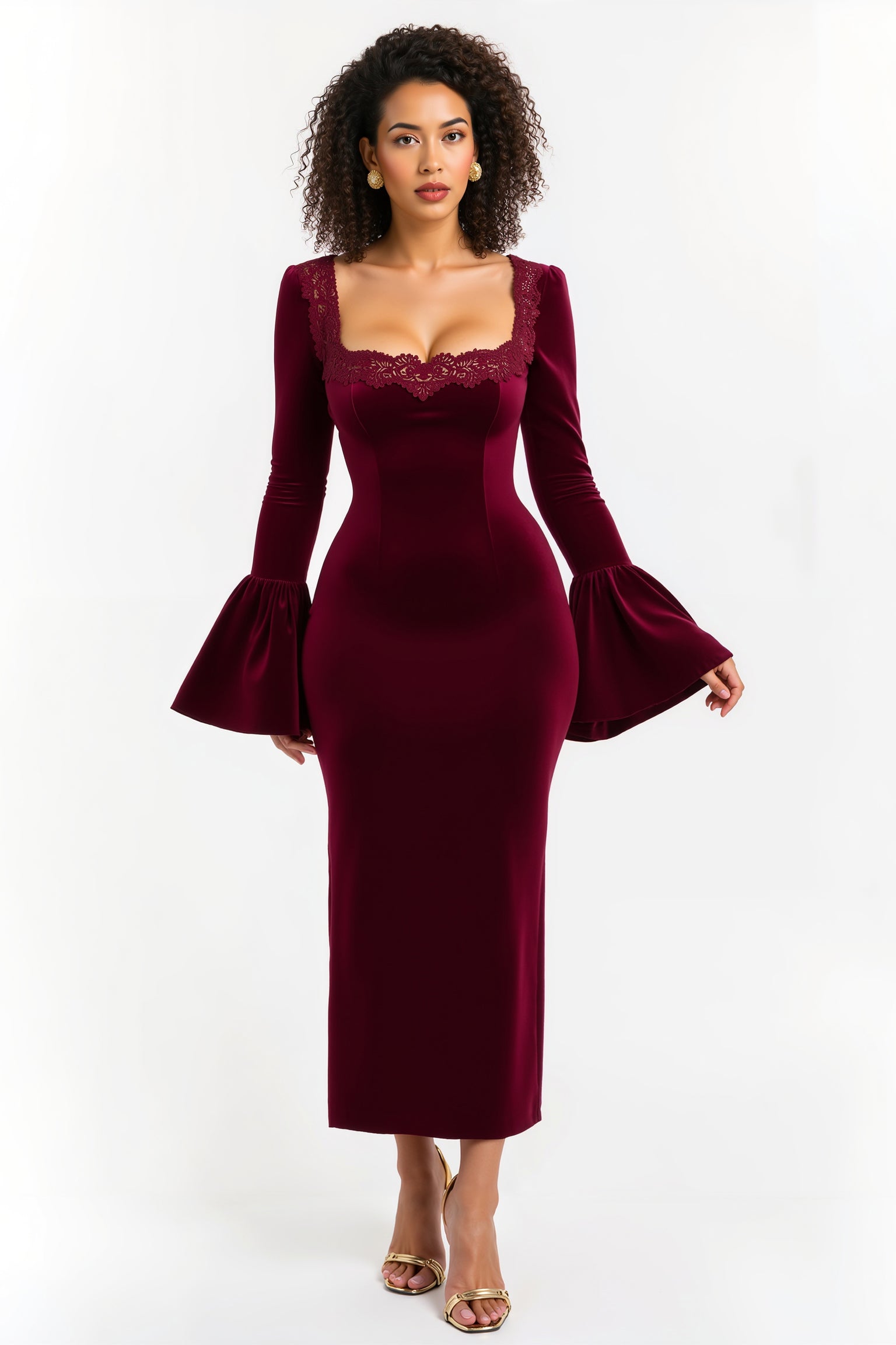 Robe longue fourreau en dentelle bordeaux à col carré pour les fêtes