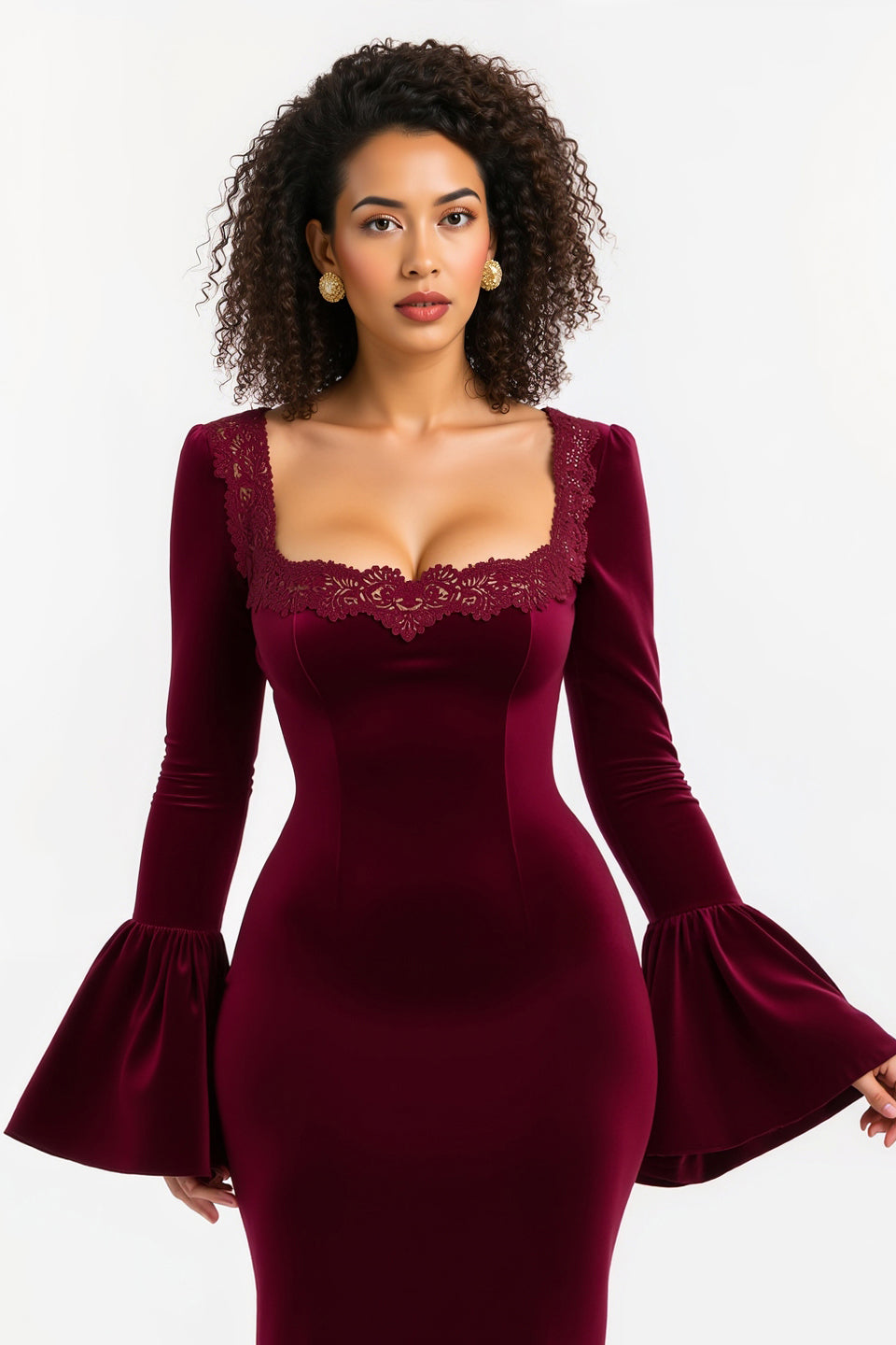 Robe longue fourreau en dentelle bordeaux à col carré pour les fêtes