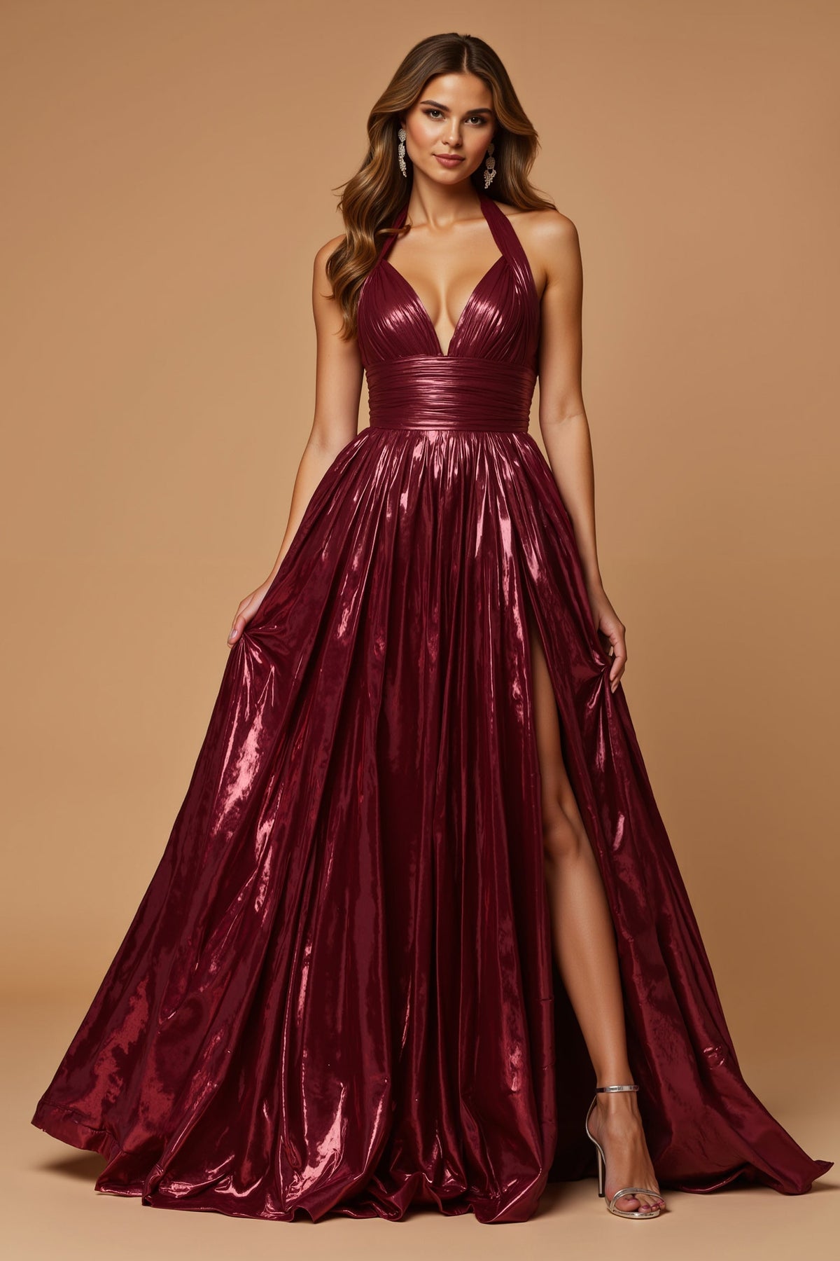 Burgundy Halter A Line Metallic Holiday Dress