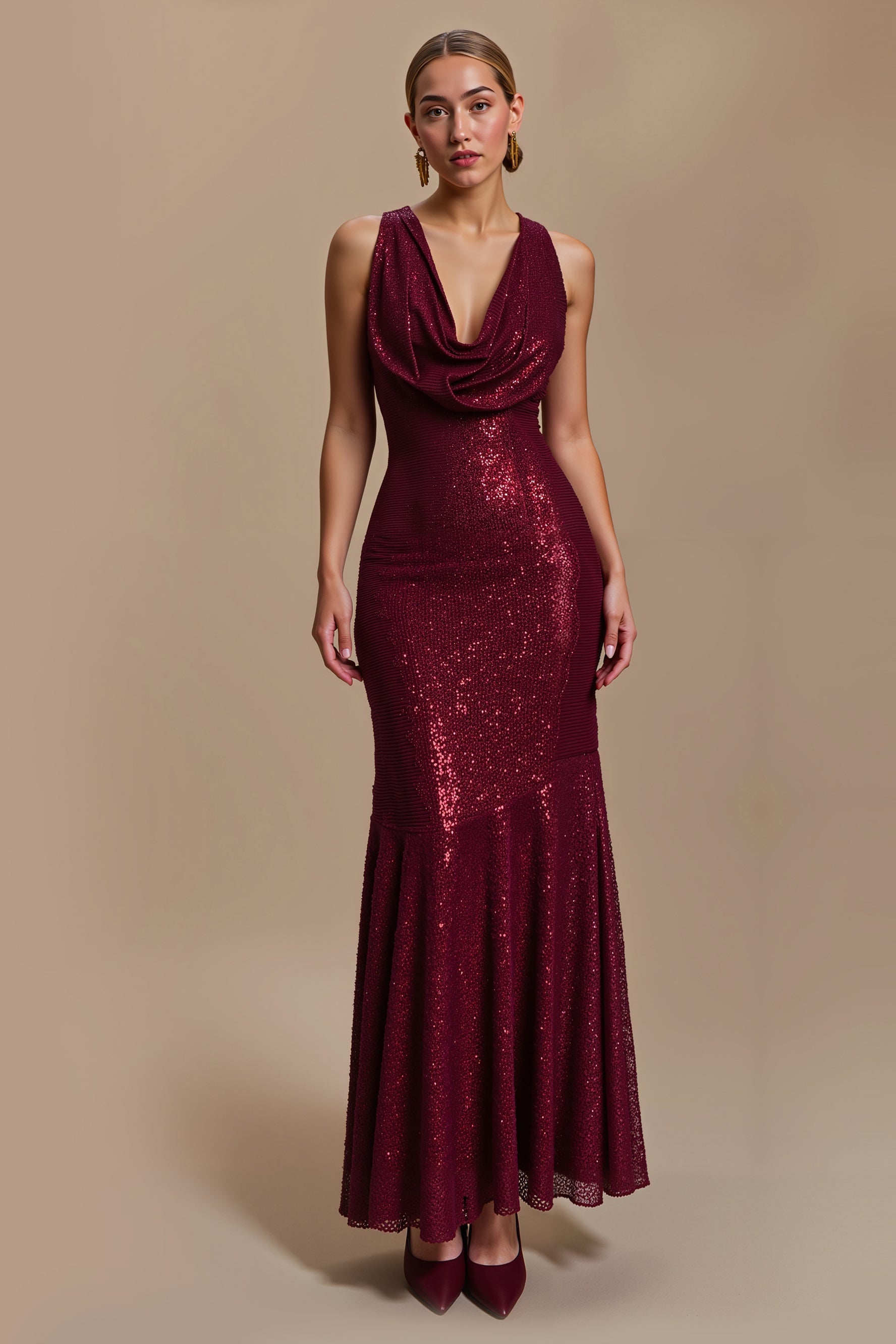 Burgundy Cowl Neck Sheath Sequin Long Holiday Dress
