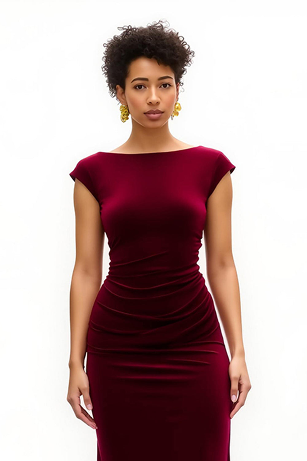 Burgundy Boat Neck Velvet Long Holiday Party Dress With Slit