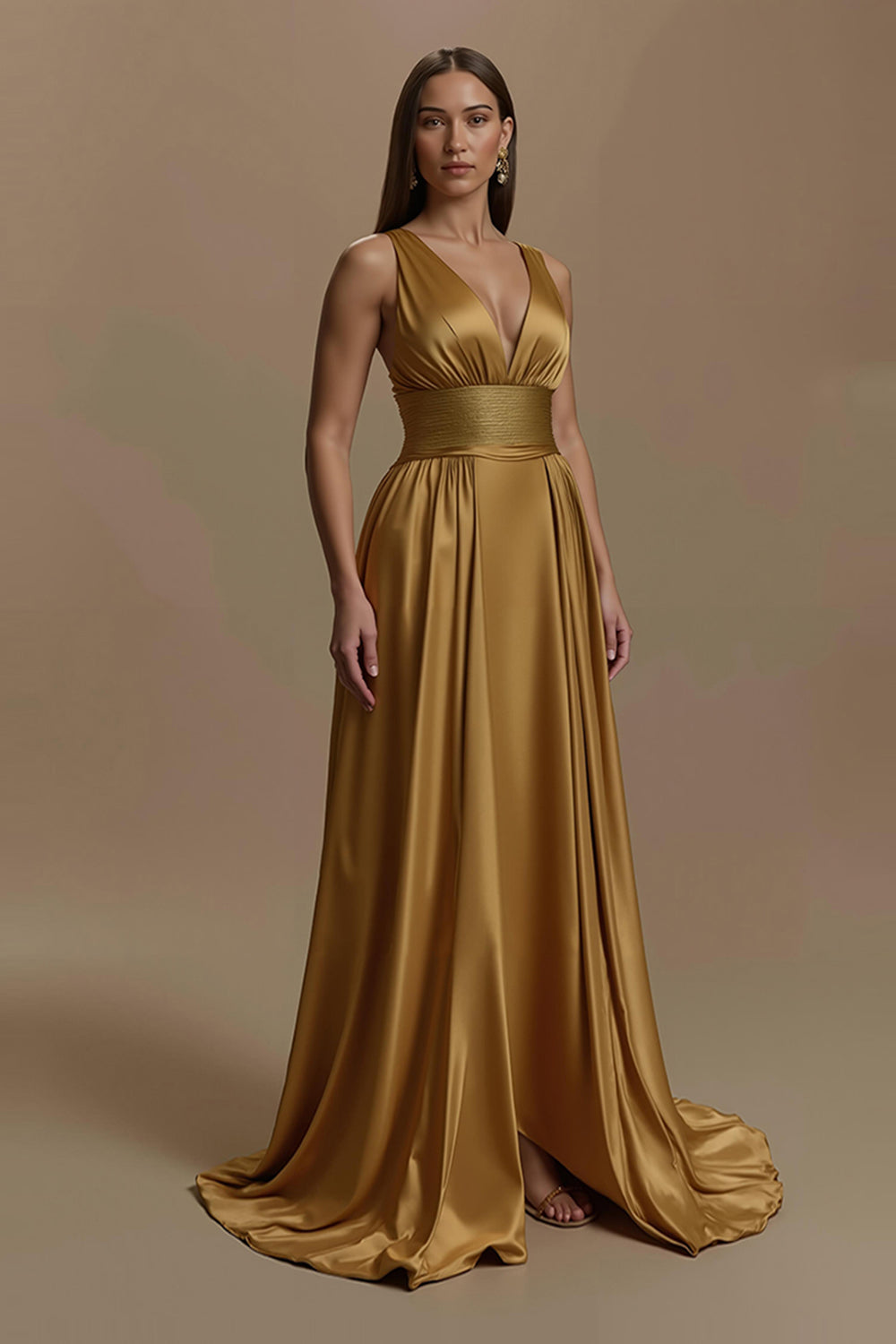 Golden V-Neck Satin Backless Long Holiday Party Dress