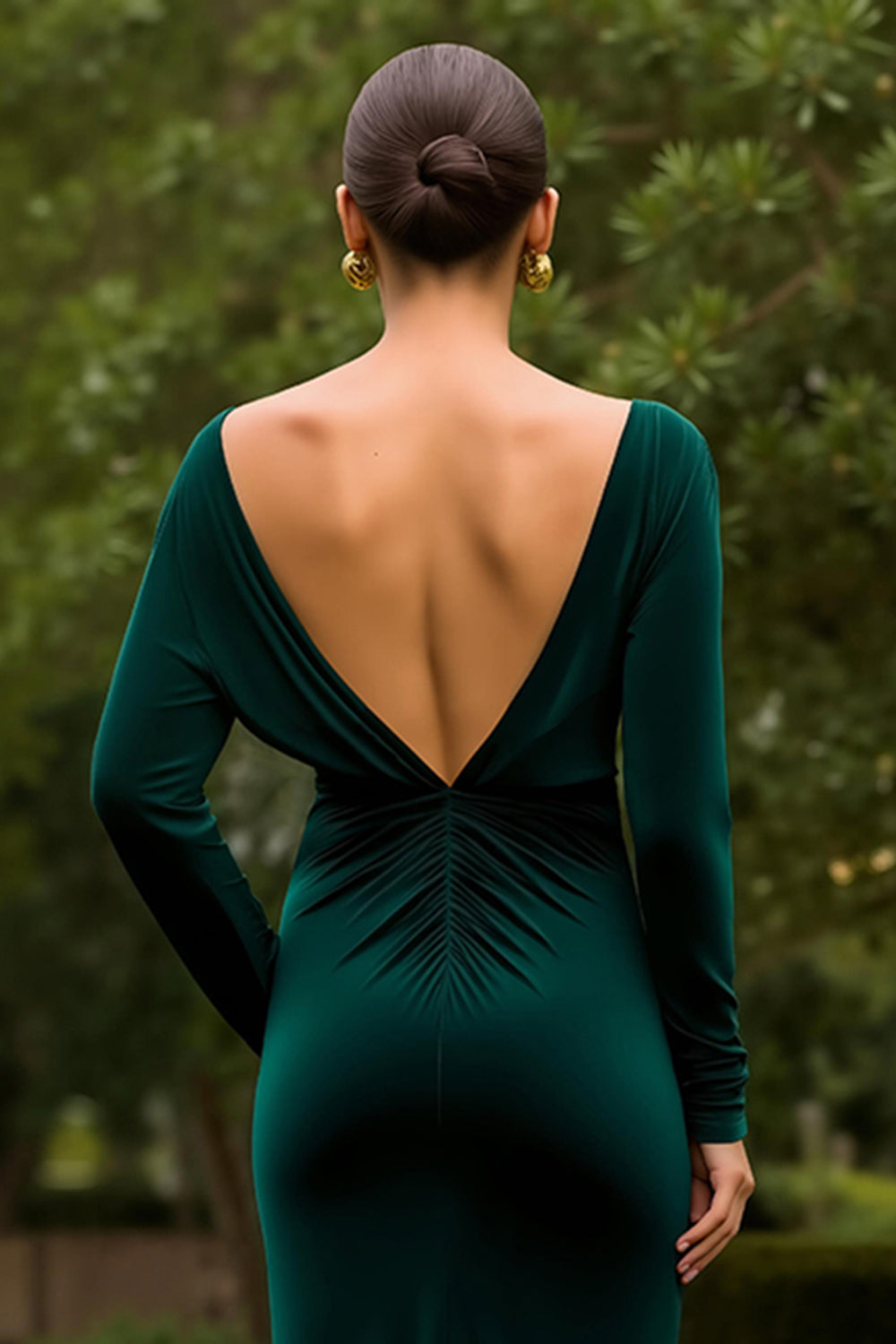 Dark Green Velvet Ruched Long Sleeves Holiday Party Dress With Slit