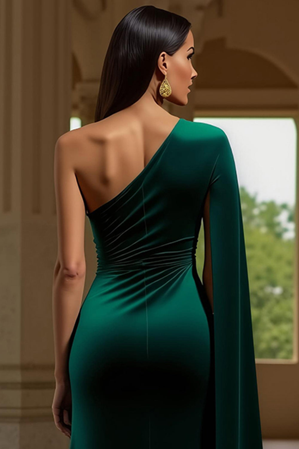 Dark Green Velvet One-Shoulder Long-Sleeve Holiday Party Dress With Slit