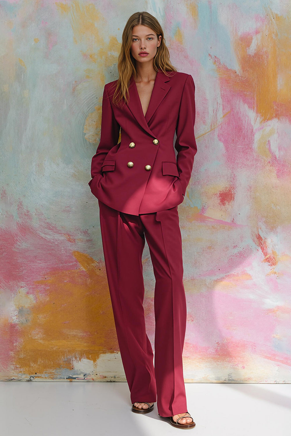 Burgundy 2 Piece Notched Lapel Women Suits