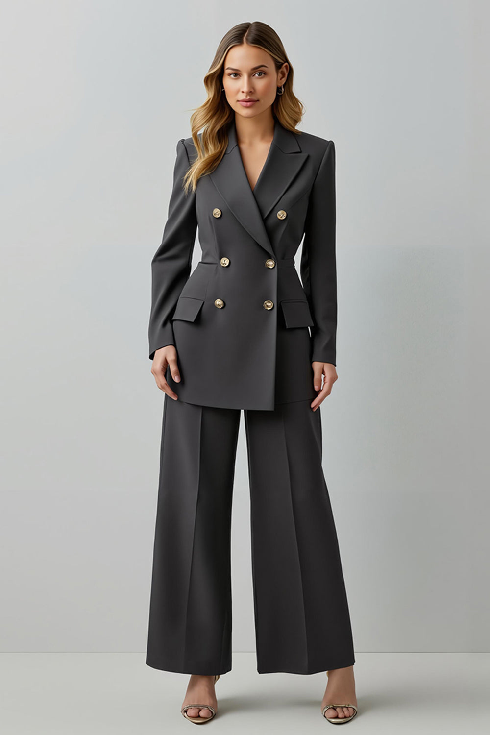 Dark Grey Peak Lapel 2 Piece Double Breasted Business Suits