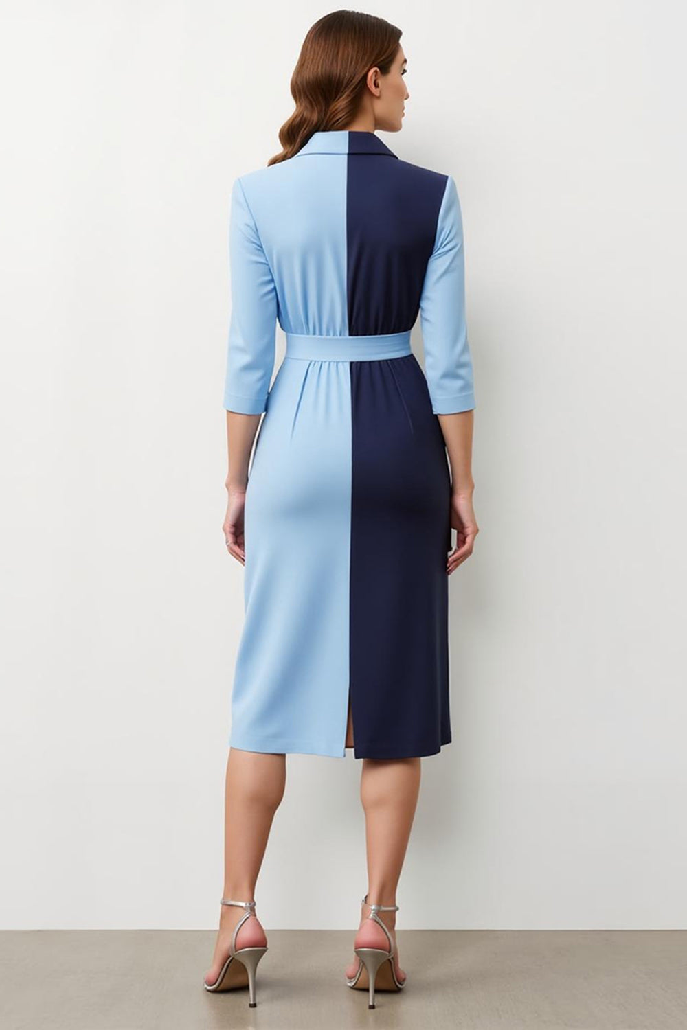 Robe blazer longue patchwork bleu marine à revers crantés avec nœud