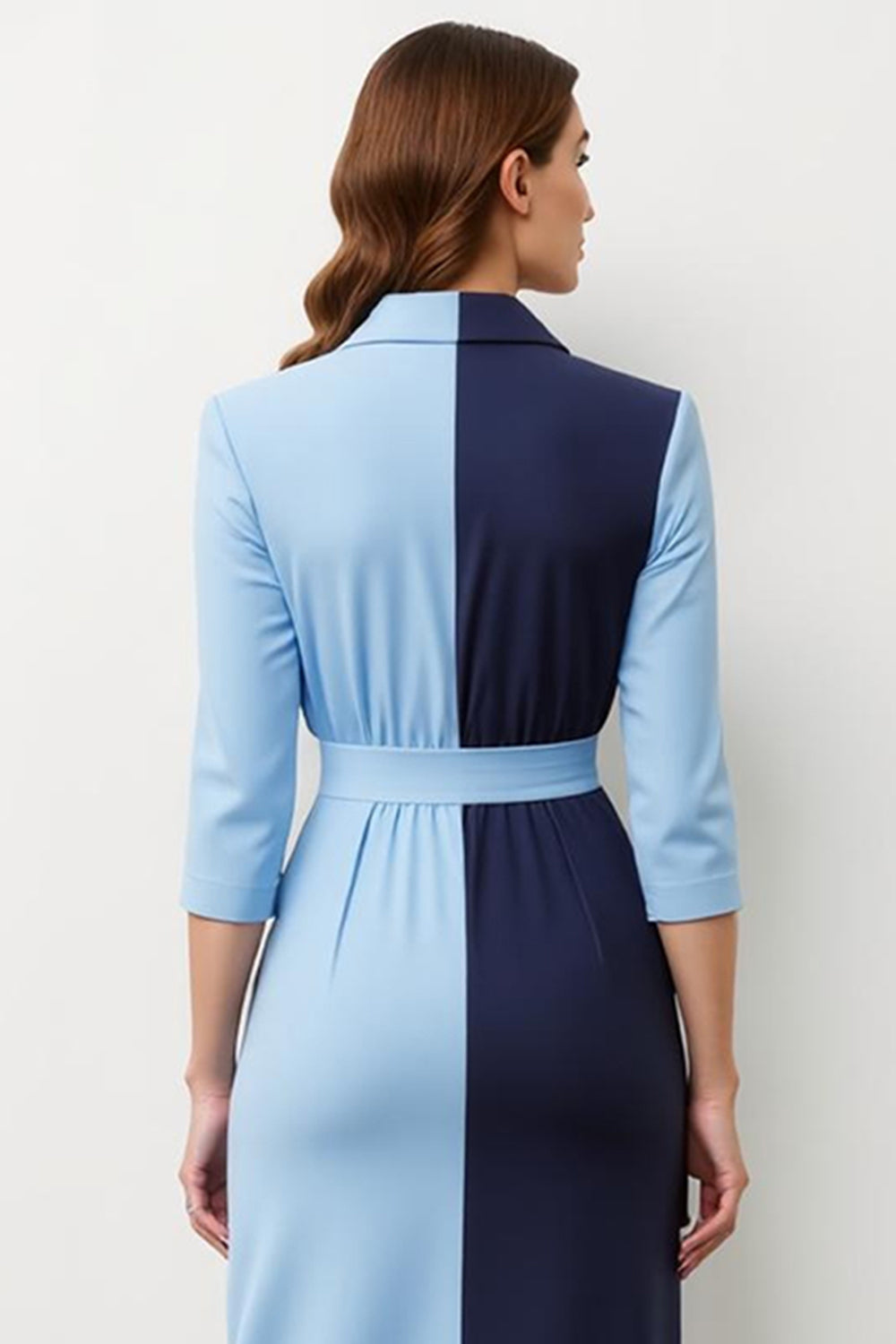 Robe blazer longue patchwork bleu marine à revers crantés avec nœud