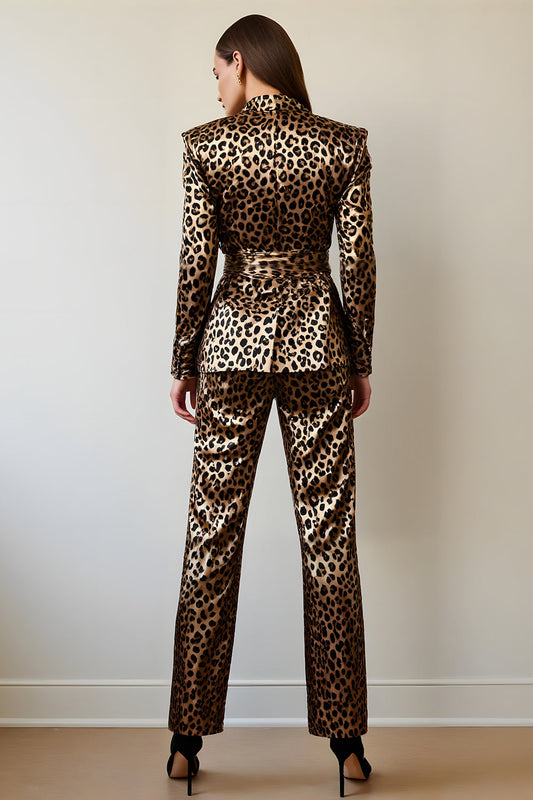 Costumes de bal pour femmes en 2 pièces à revers châle léopard noir et or