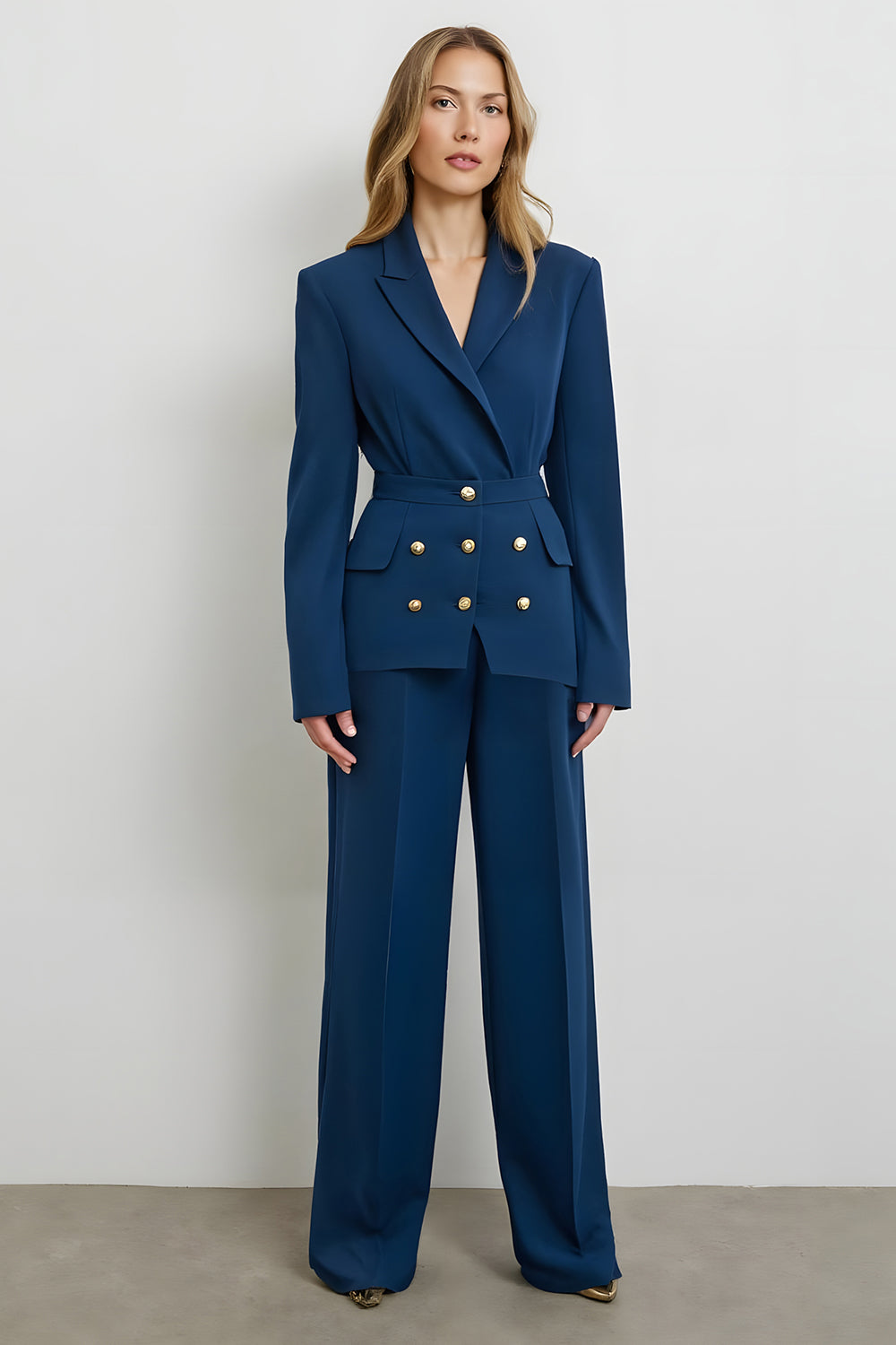 Dark Blue Double-Breasted 2-Piece Satin Work Suits